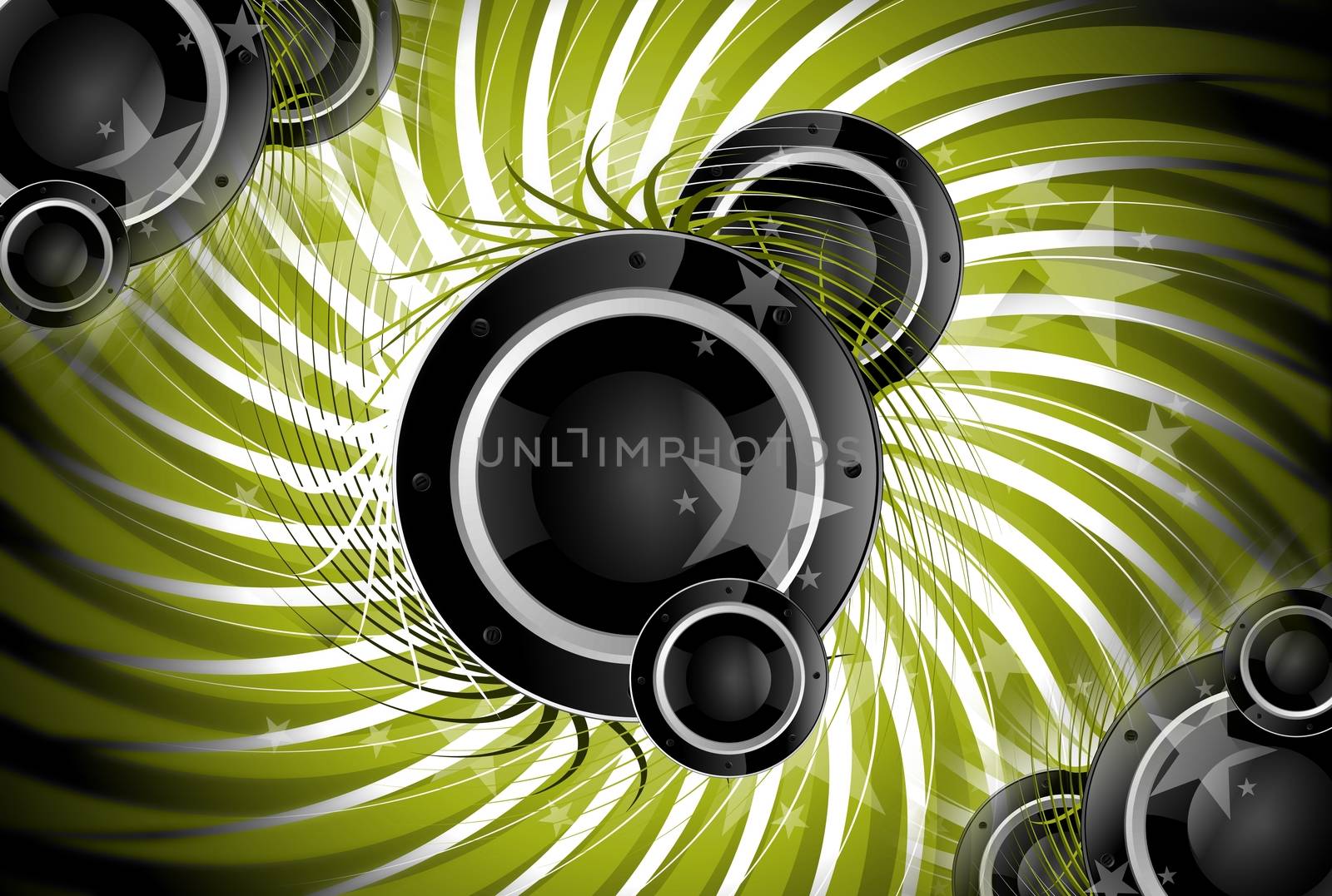 Spiral Music. Cool Music Theme with Bass Speakers. Green Spiral Background.