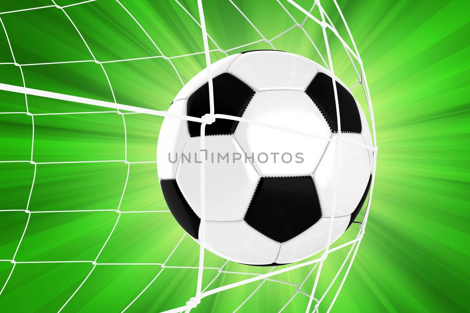 Soccer Ball in a Net / Soccer Goal. Euro Football Theme. Green Background with Sun Rays. 3D Render illustration. Sport Illustrations Collection.