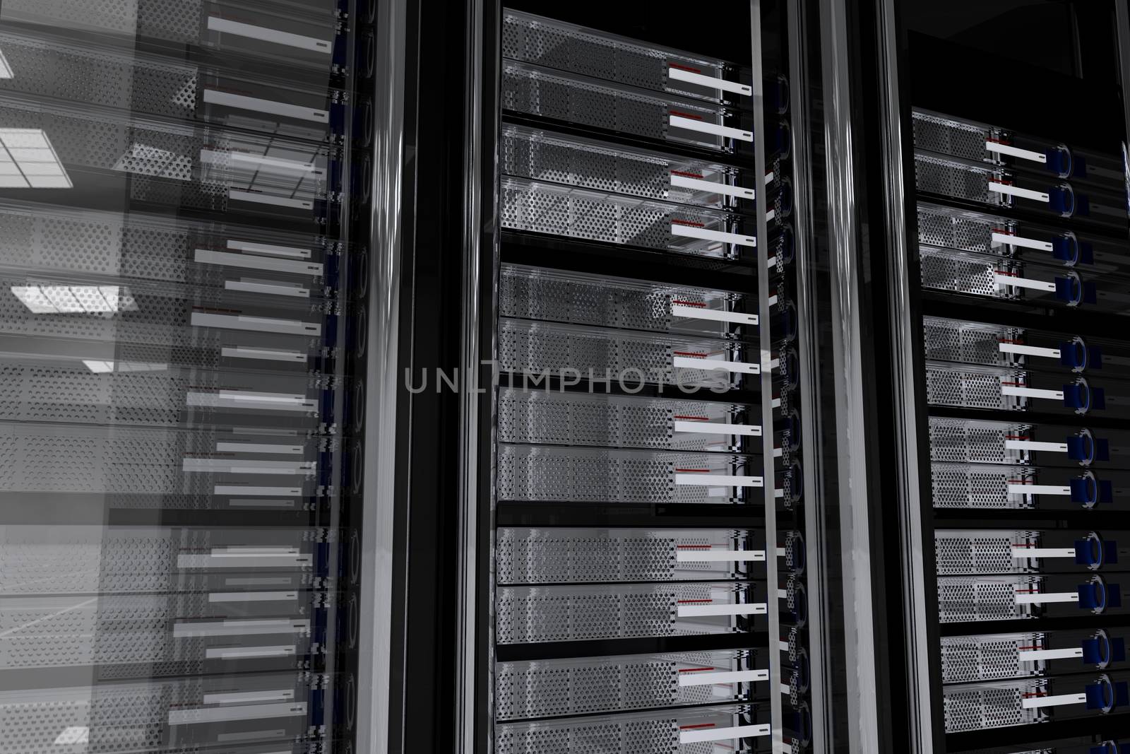 Dark Servers Room. Glassy-Metallic Server Racks. Wall of Servers. Dark Server Room 3D Generated Illustration. Hosting Related Theme.