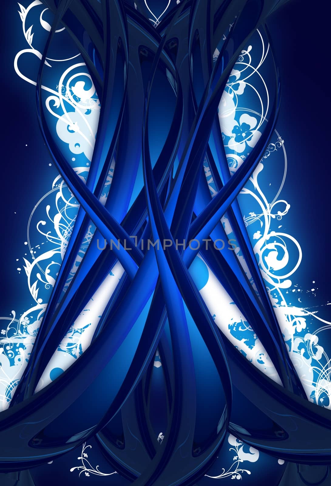 Blue Digital Tree Concept Abstract Illustration. White Floral Ornament in the Background. Cool Vertical Design.
