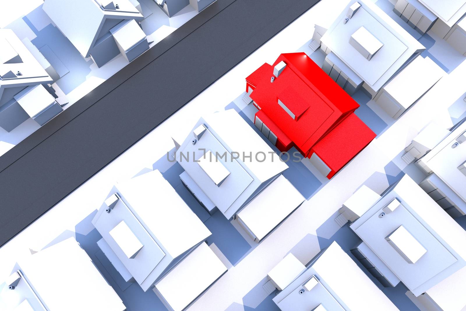 Housing Theme. Residential Area with Only One Red House. Great Idea for Mortgage, Real Estate or Foreclosure Related Artwork. 3D Render Illustration. Top View.