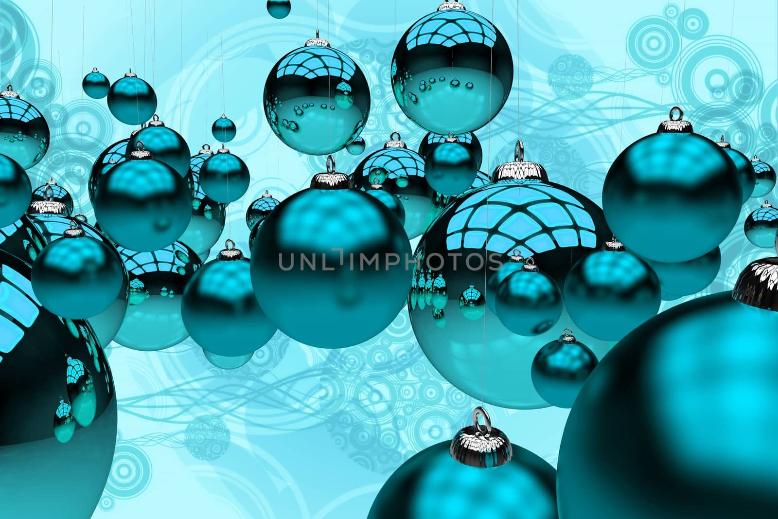Blue Christmas 3D Rendered Christmas Blue Glassy Ornaments on Abstract Blue Background Illustration. Holidays Theme.