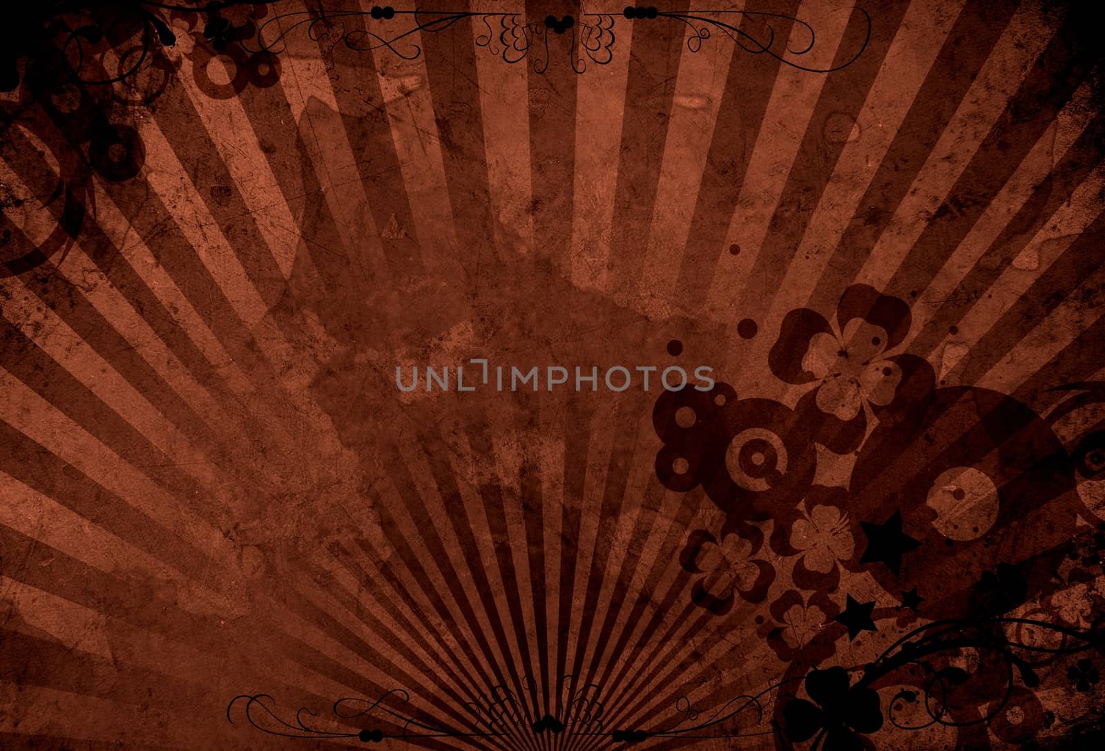 Dark Brown Grungy Floral Background. Cool Vintage Grungy Background with Floral Elelements and Rays.