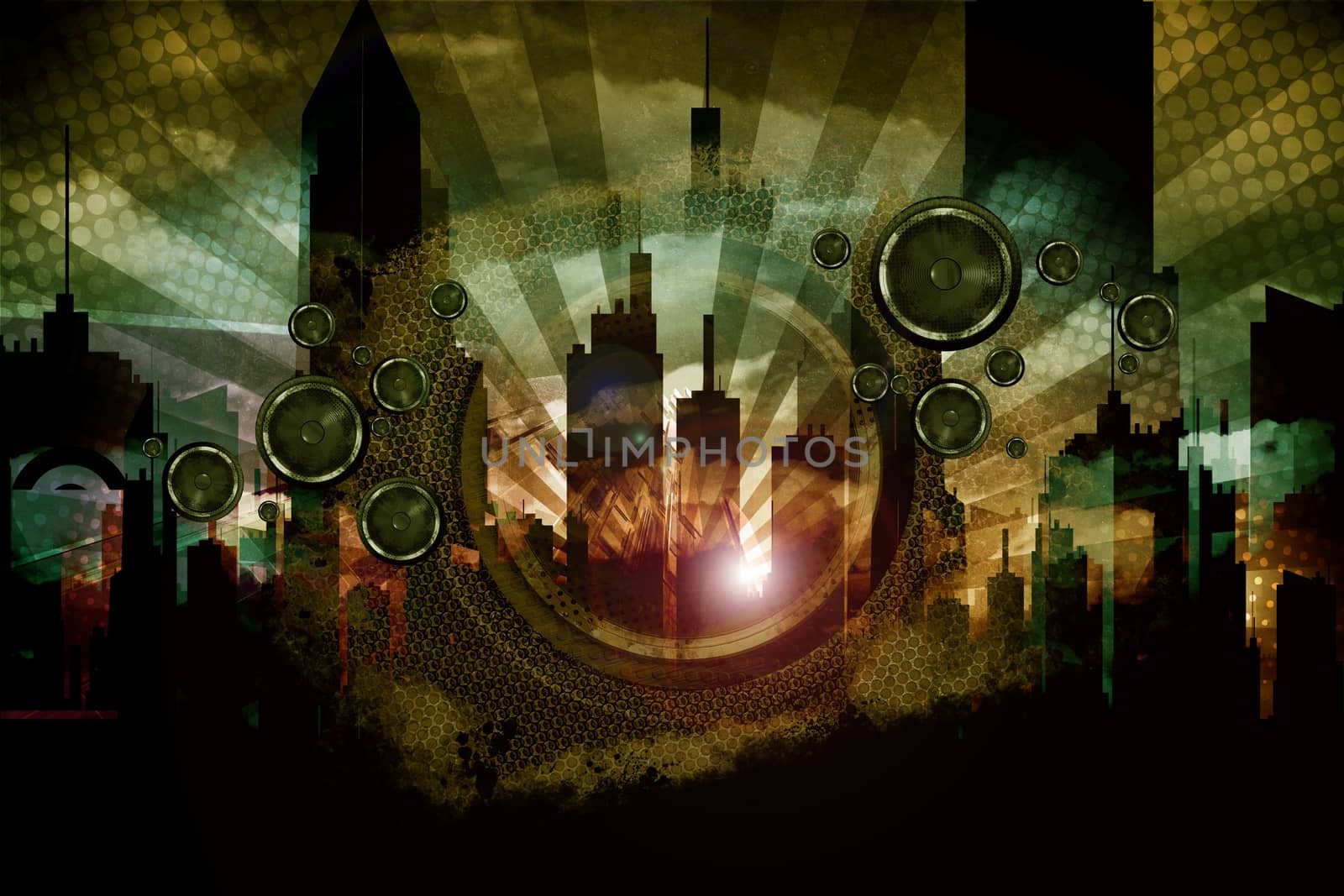 Urban Audio Madness. Cool Grungy Dark Cityscape Music Background with Skyscrapers and Speakers. Great Background for Your Music Event. Center Logo Space.