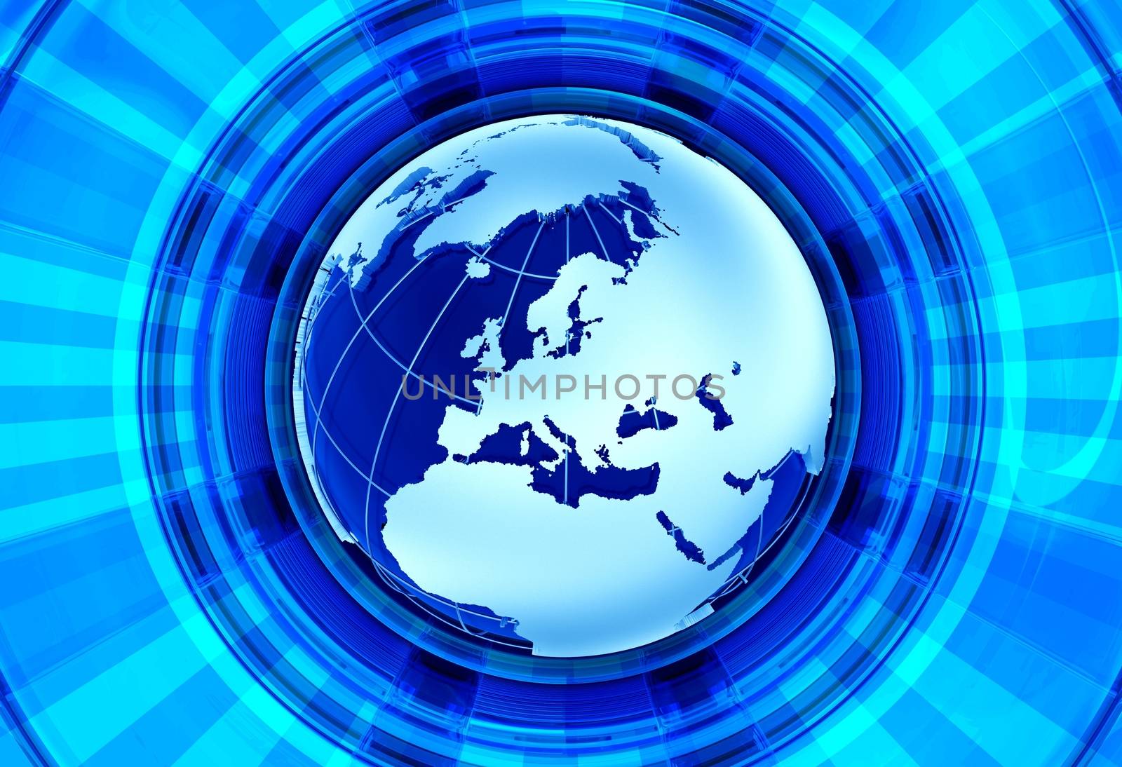 Euro News Background. European Continent - Globe Model and Blue Shiny Rays Background. Great for Radio/TV Broadcast Related Artwork.