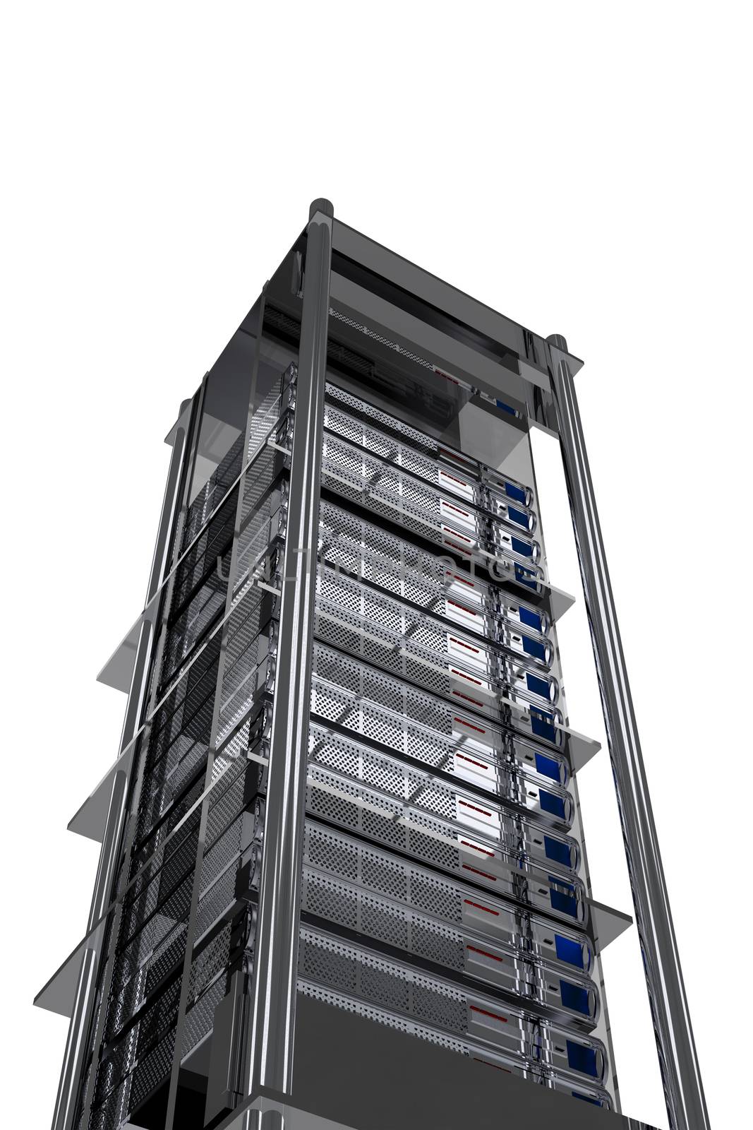 Servers Tower - Modern Metallic Server Rack Isolated on White.