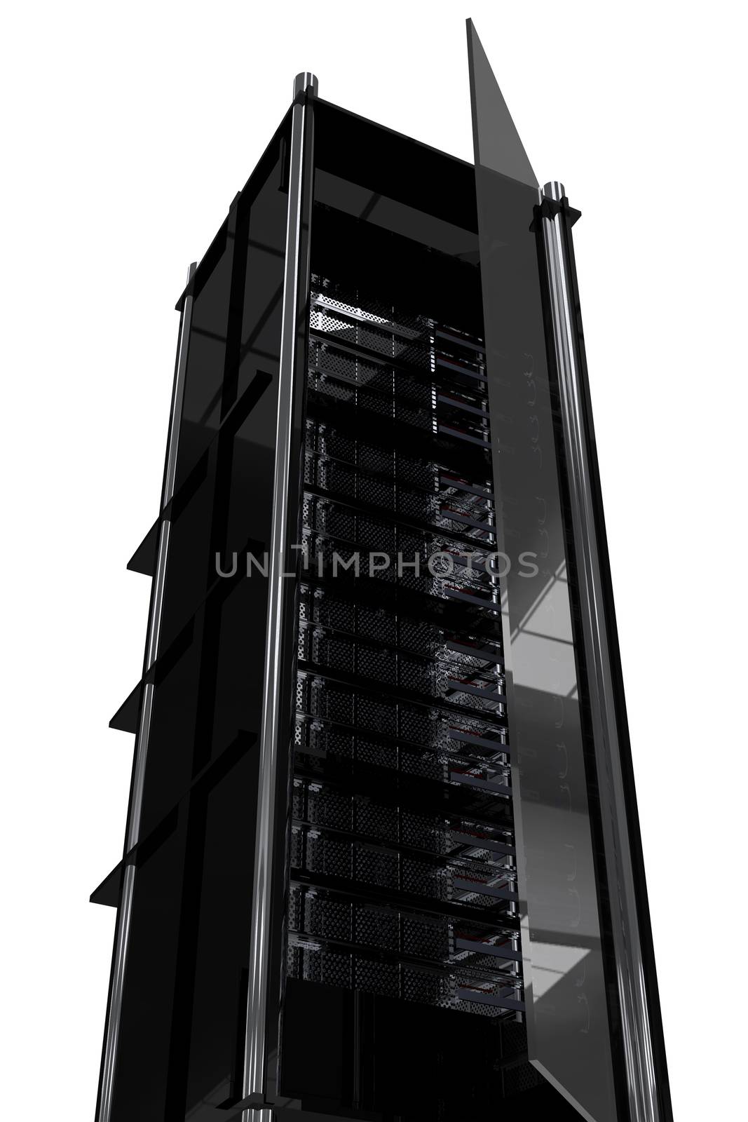 Hosting Tower / Rack. Modern Dark Black Servers Rack with Glass Door