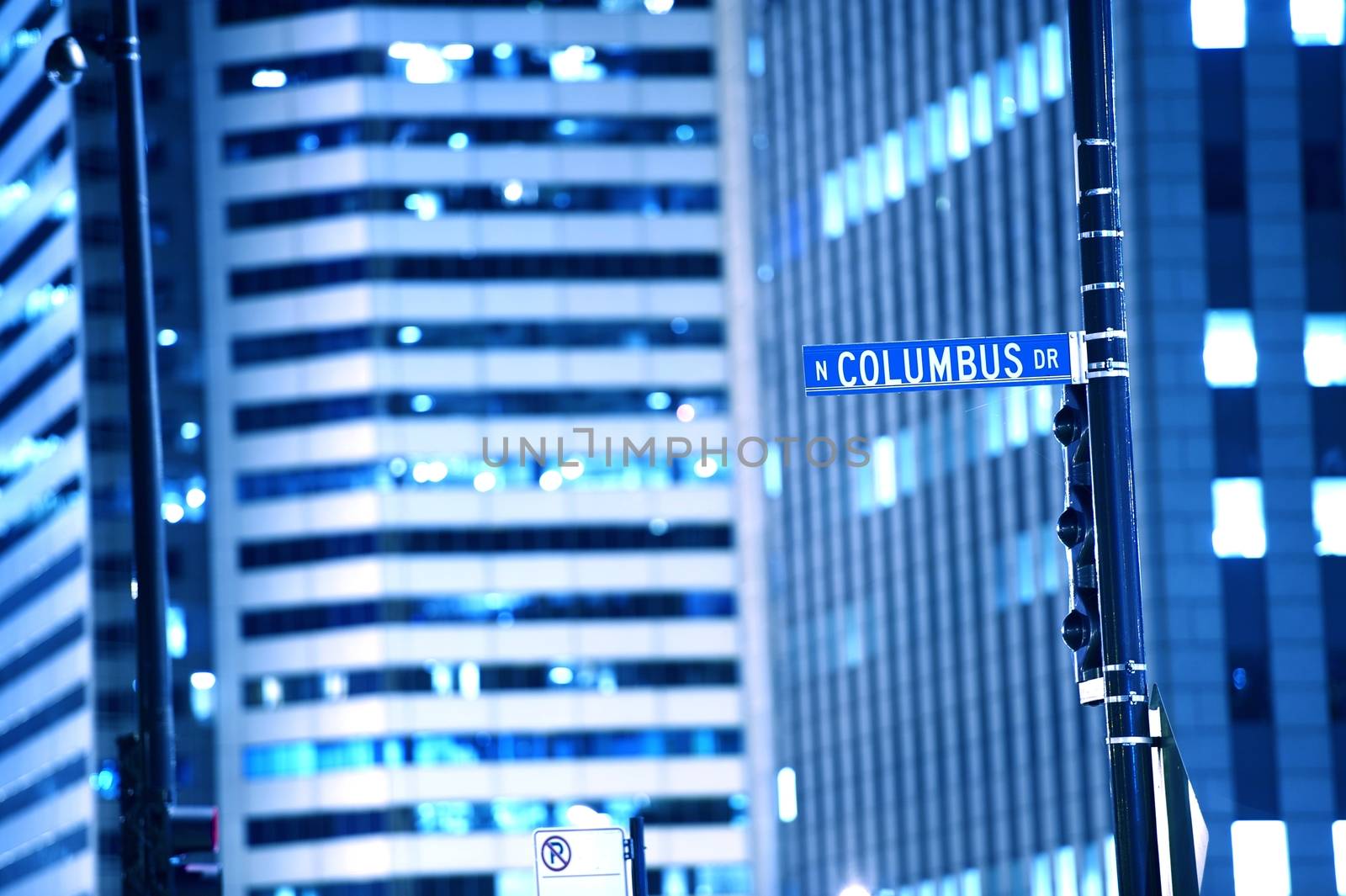 N Columbus Drive Chicago Street Sign. Downtown Chicago by NIght. Traffic Signs. Chicago USA.
