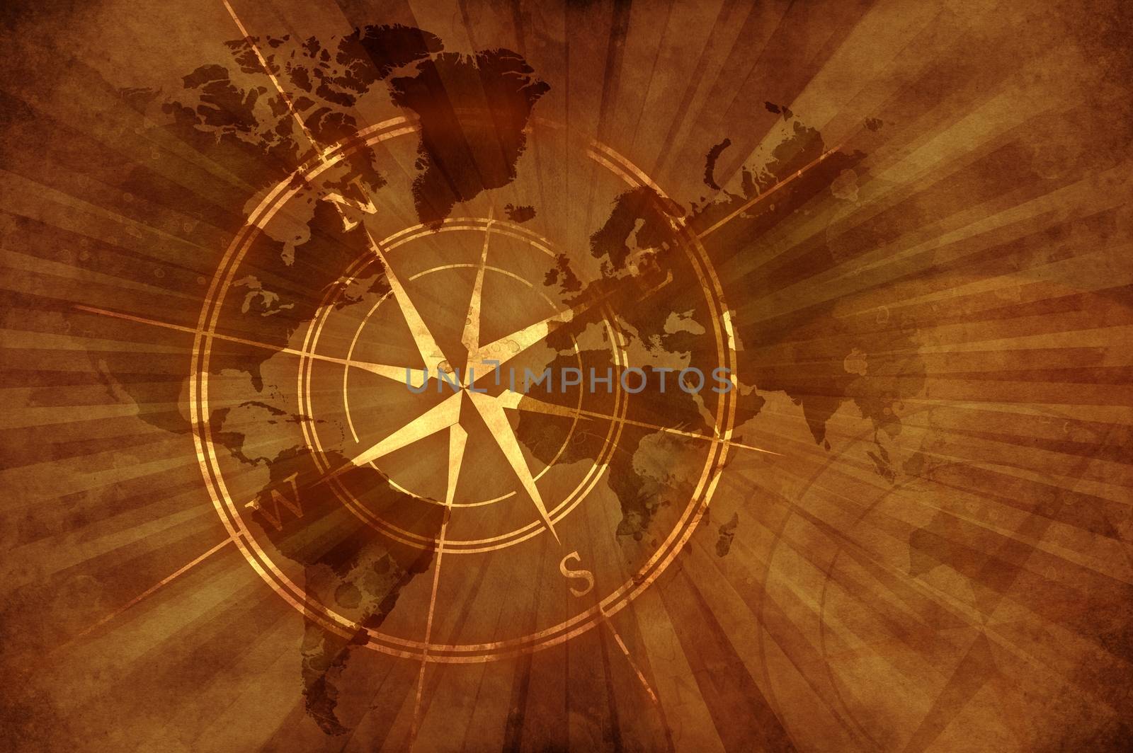 Grunge Old Map with Compass Rose. Damaged Retro Style Design World Map Background with Browny Rays Background.