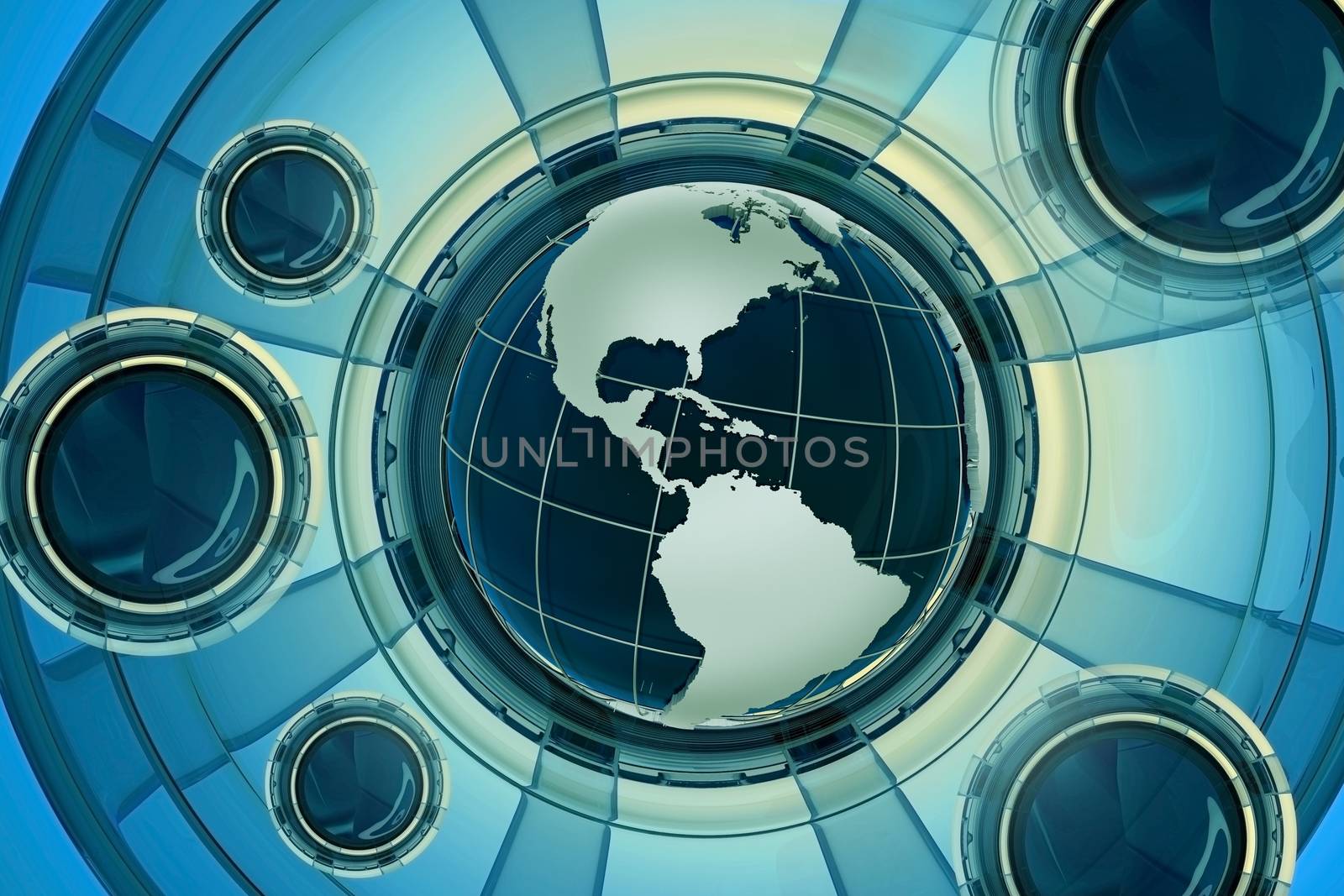 World News 3D Glassy Render Illustration with Globe and Abstract Glassy Background. Cool Blue-Yellow Colors. Great for News Applications. Horizontal Design.
