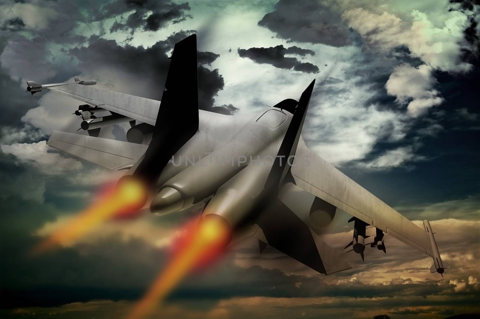 Flying Fighter Jet. Accelerating Fighter Jet Illustration. Dramatic Stormy Sky. Military Technology Illustration Collection