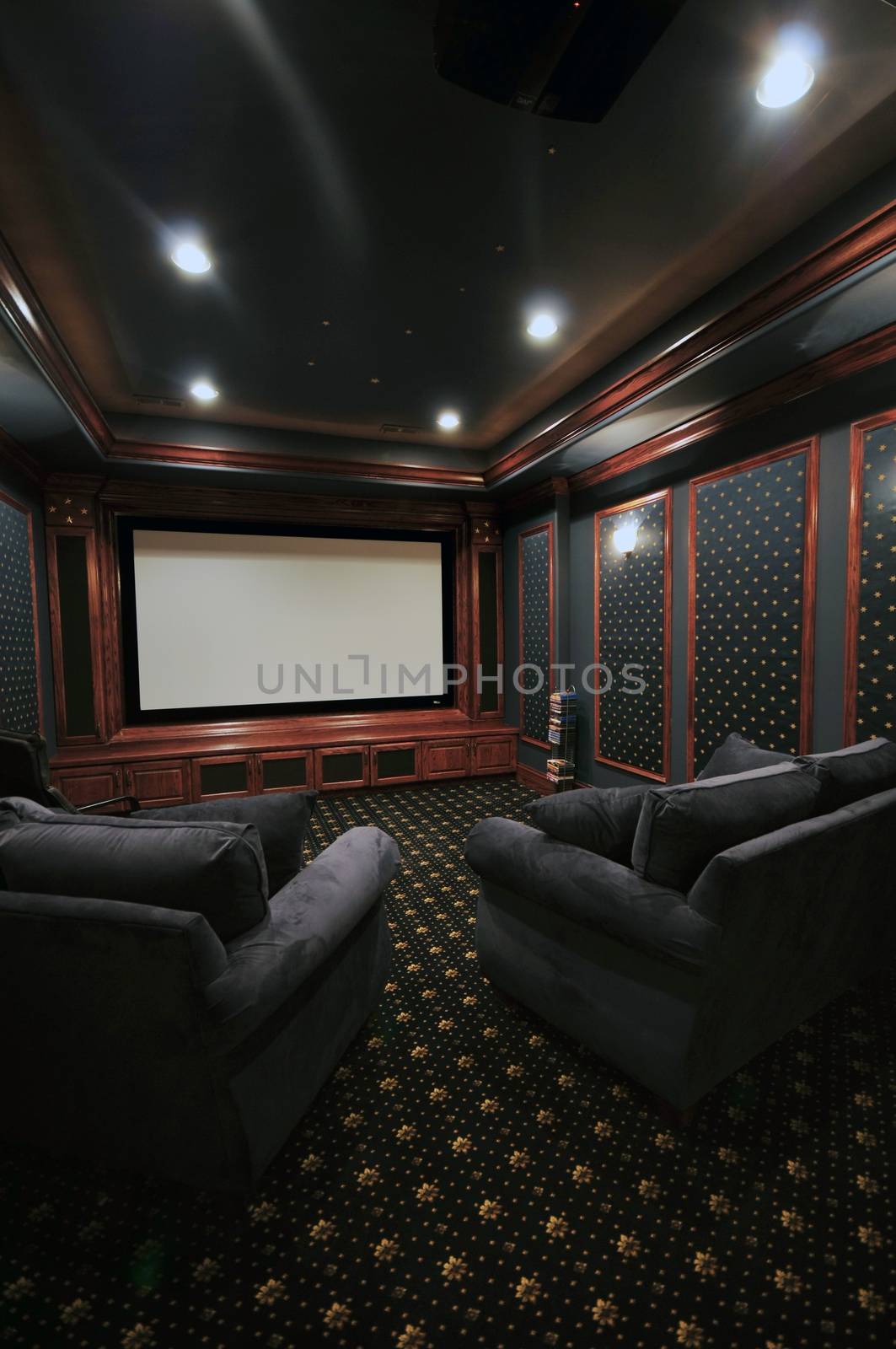 Home Theatre in the Luxury Basement Room. Vertical Photo
