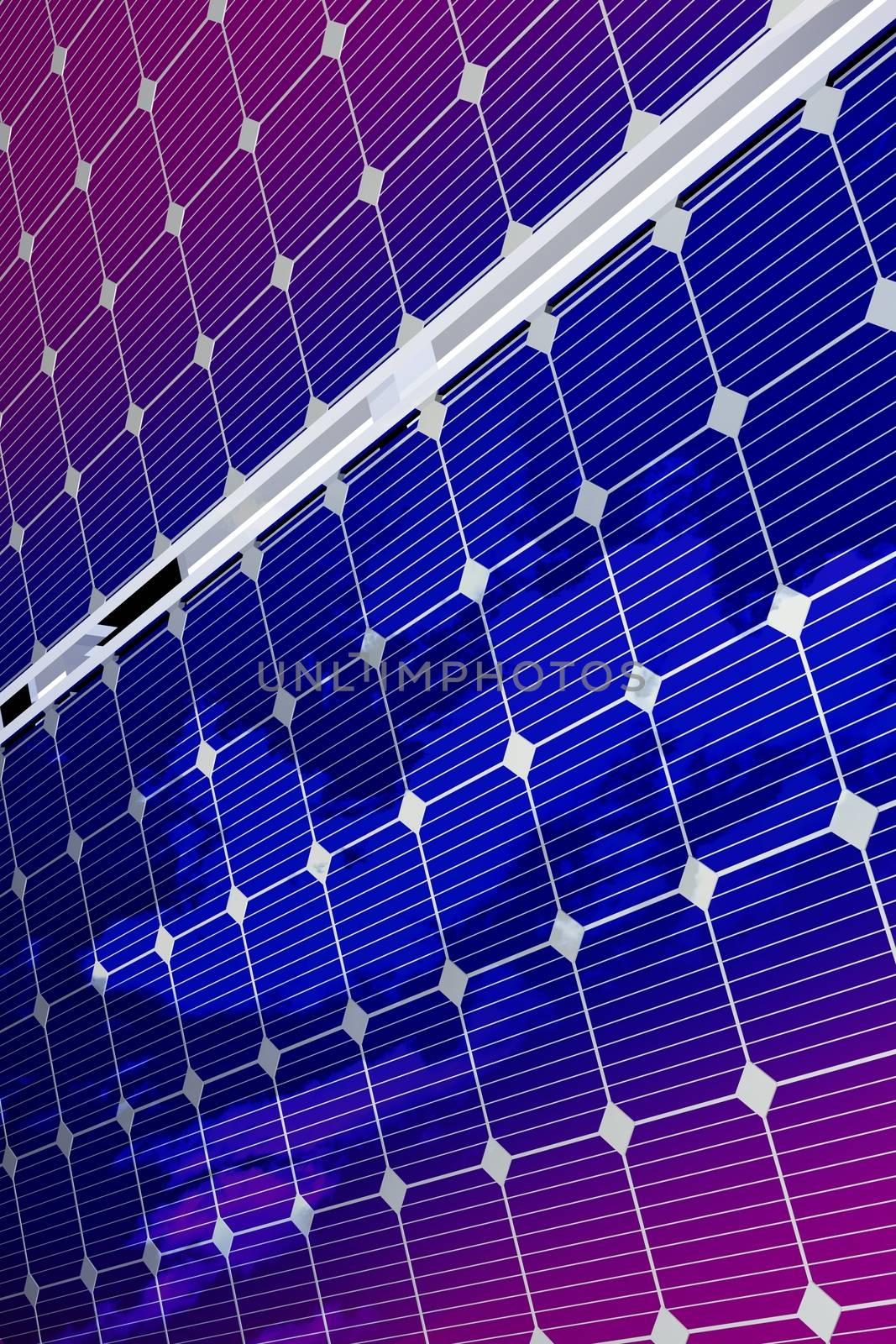 Renewable Energy - Solar Panels Background. 3D Rendered Solar Panels with Sky Reflections. Vertical Background. Renewable Energy Theme.