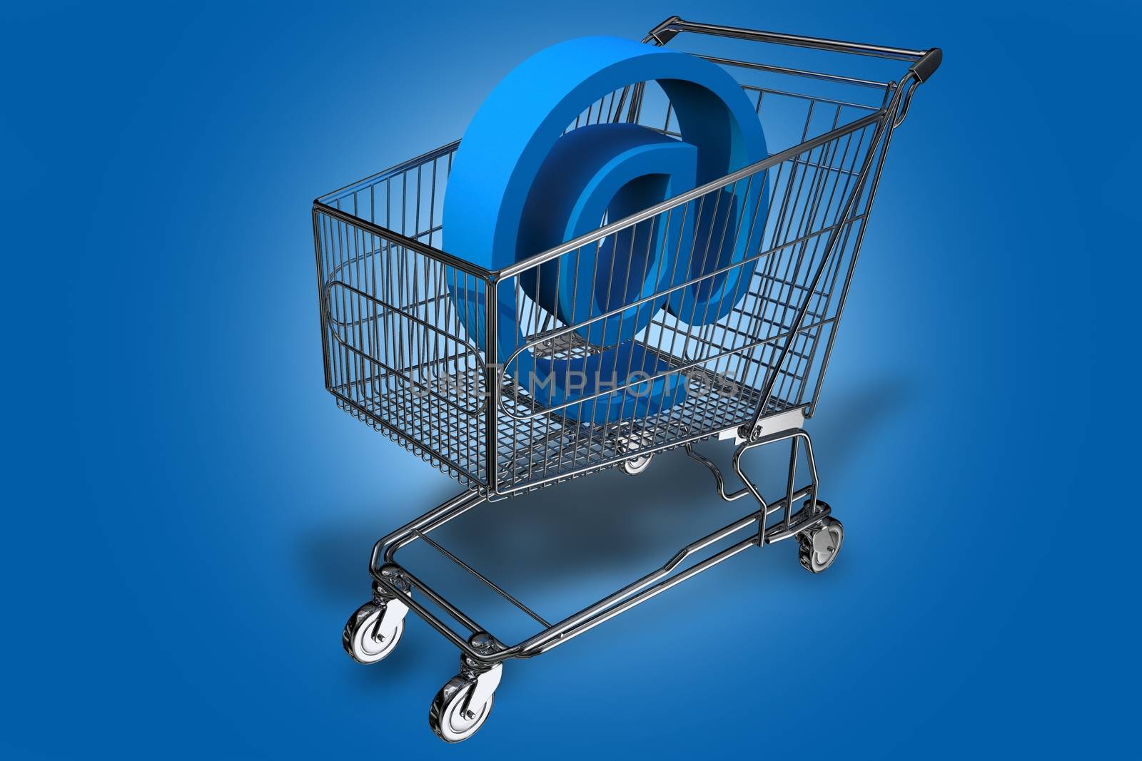 Internet Cart. Shopping Cart with \"At\" (E-mail Symbol) Inside. Blue Background. Internet Shopping Theme. 3D Render Illustration.