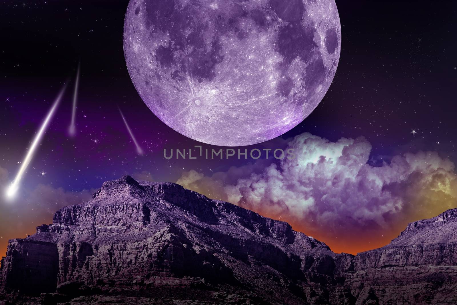 Fantasy NIght. Abstract Earth-Space Composition with Large Moon and Comets / Asteroids. Dark Violet Theme. Abstract Illustration.
