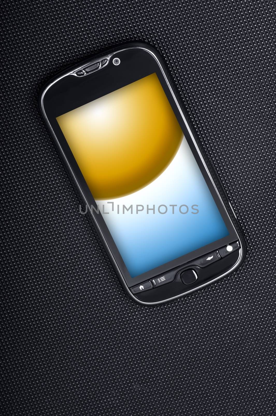 Smart Phone on Dark Carbon Background. Yellow-Blue Display Image. Modern Cellphone. Vertical Photo.