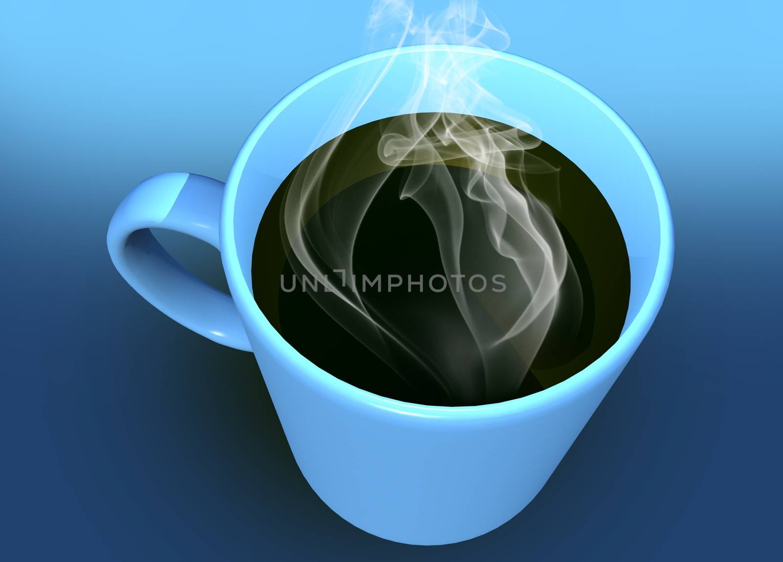 Hot Coffee in Blue Mug. Blue Background. 3D Render Illustration. Realistic Smoke. Top View.