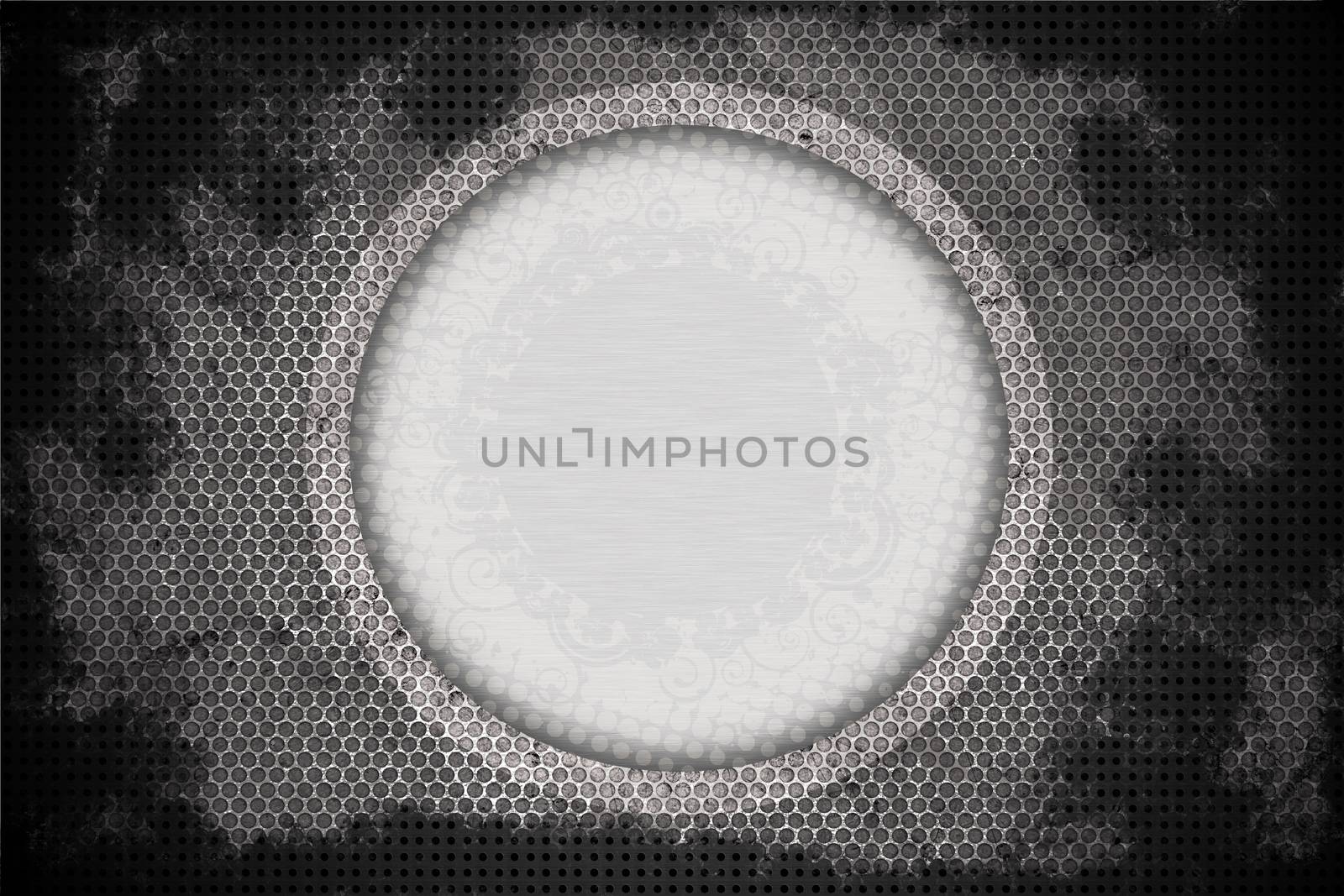 Grungy Logo Spot - Horizontal Design. Grungy Damaged Metal Sheets Background with Circle Logo Space - Logo Spot. Floral Ornaments