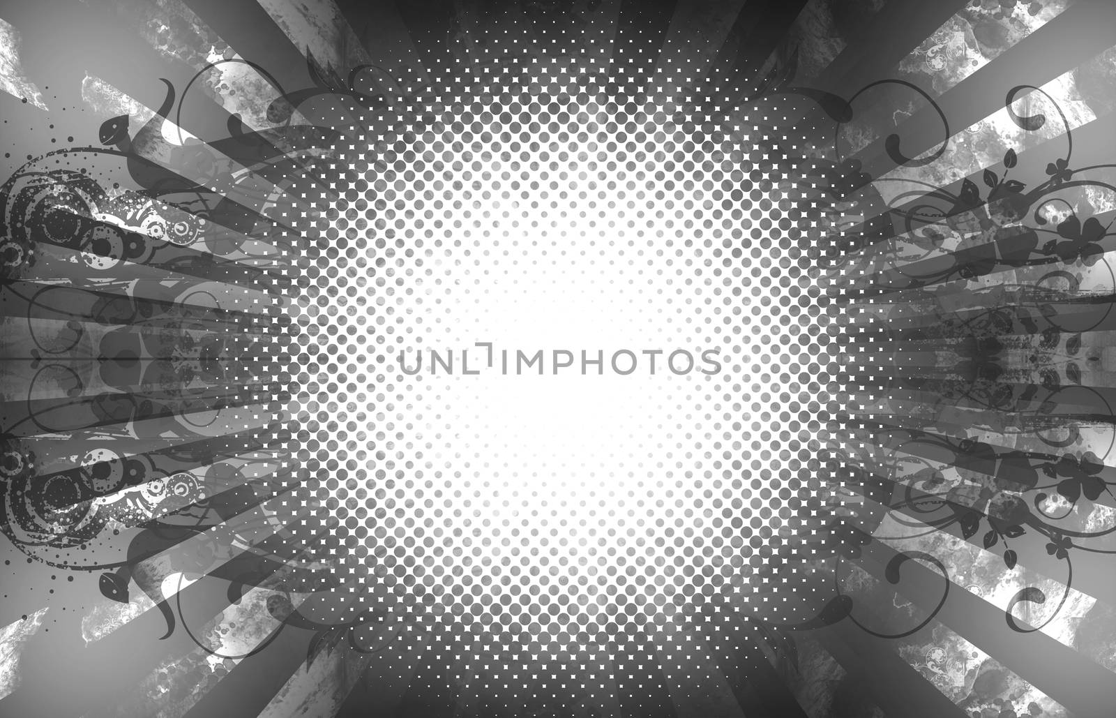 Grunge Floral Background. Gray Grungy Background with White Spot - Copy Space / Logo Space. Floral Elements in Background.