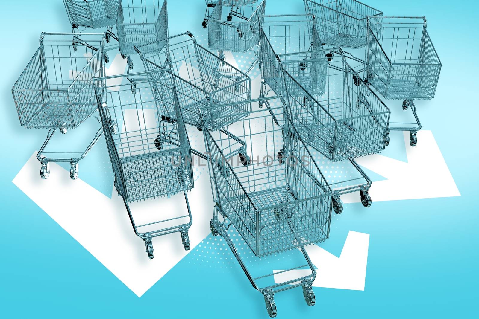 Cart-mageddon! Shopping Carts Attacks! Fast Ride Follow White Arrows. Marketing E-Commerce Theme. 3D Render Illustration.