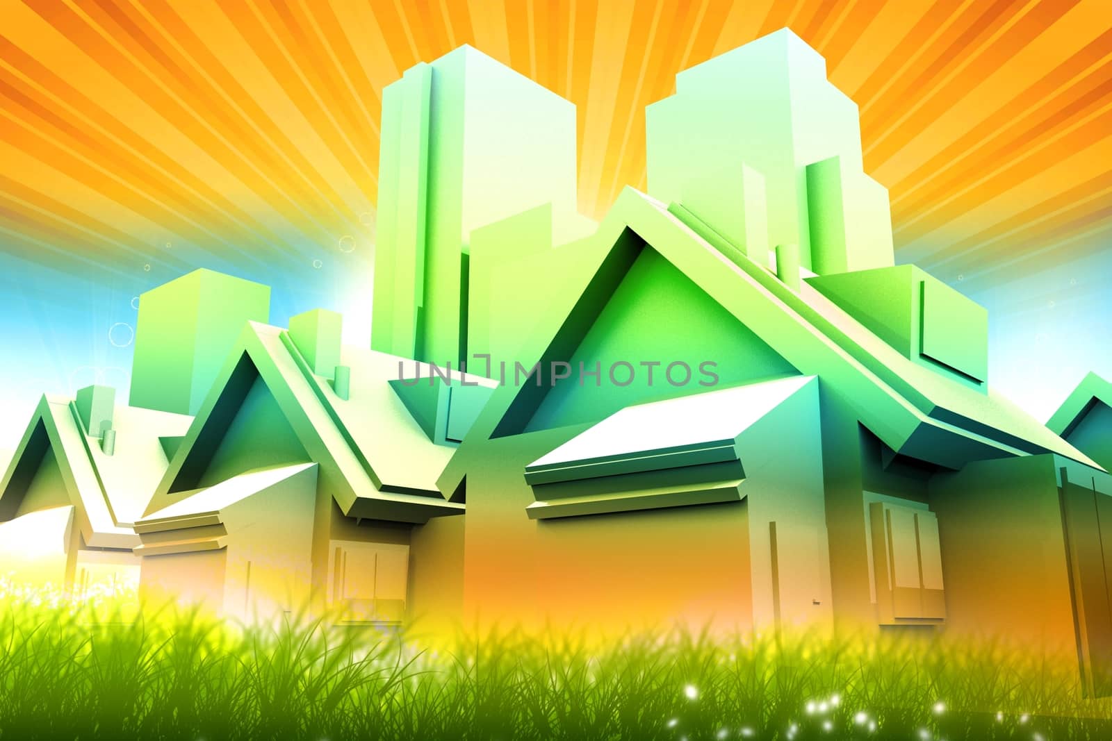 Colorful City. Colors of Life. Colorful Urban Illustration. Very Optimistic Theme with 3D Houses and Skyscrapers, Green Grass and Orange Shiny Sky.