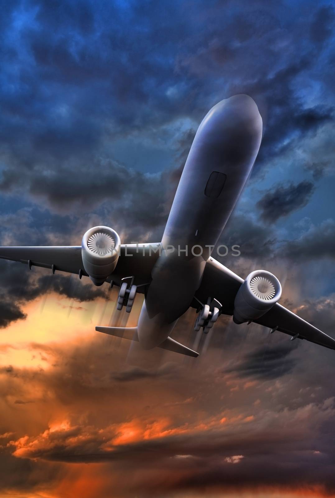 Airliner Take Off Illustration. 3D Render Jet Plane Take Off Illustration. Colorful Stormy Sky. Vertical Image.