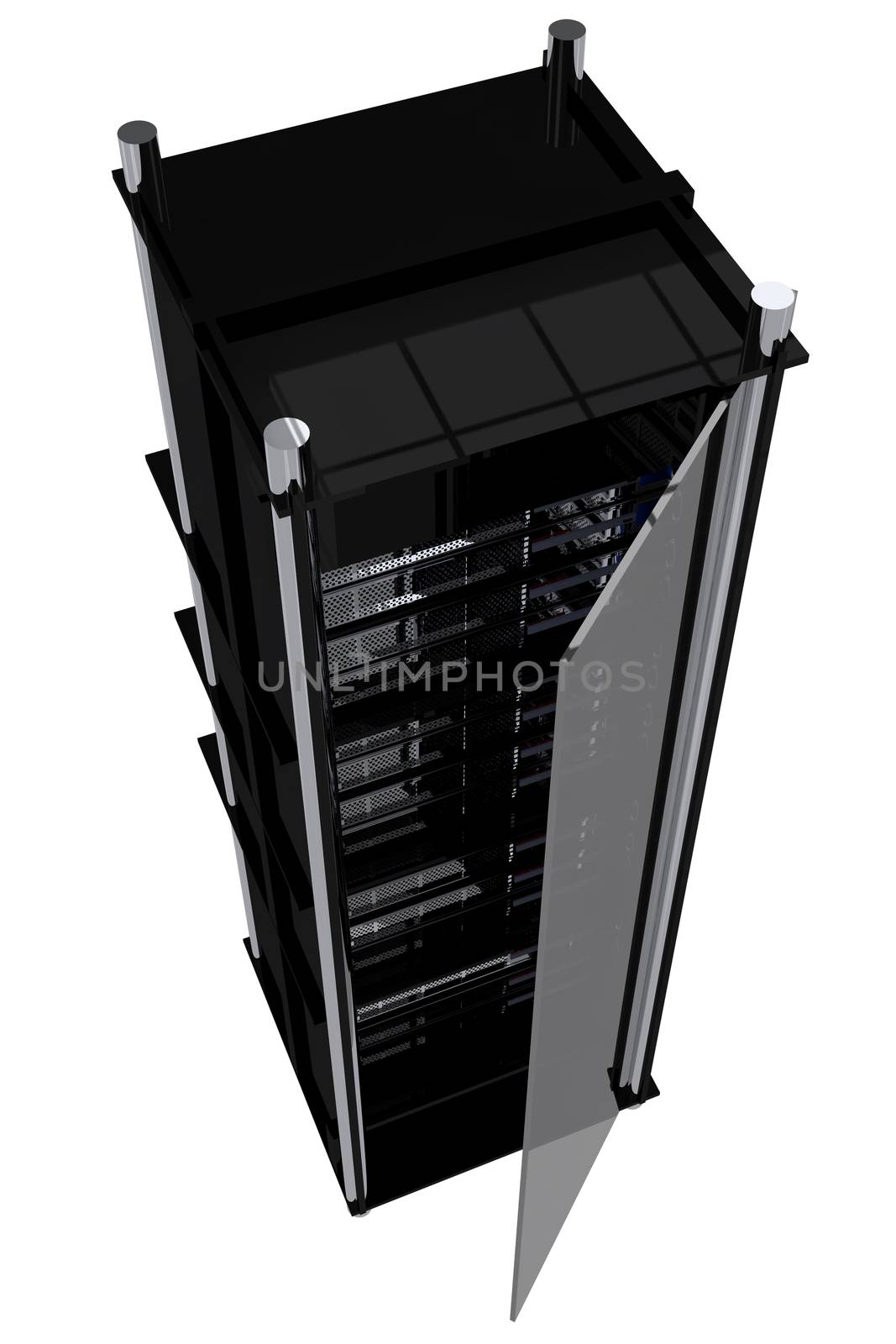 MOdern Servers Rack - Black Hosting Rack with Glass Door. Many Servers Inside.