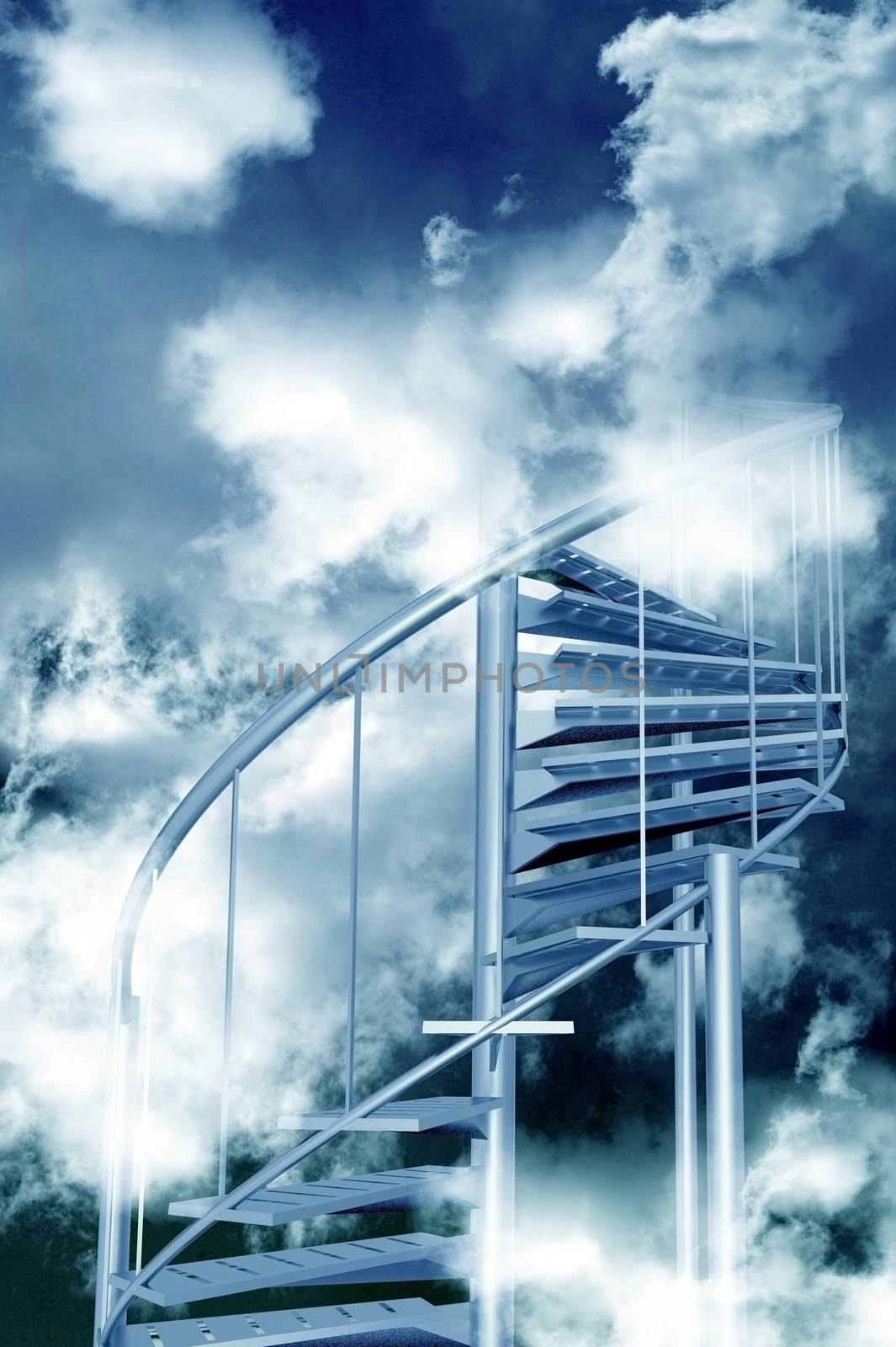 Stairs to Sky. Steel Spiral Stairs to Cloudy Sky. Abstract Illustration. Vertical Design