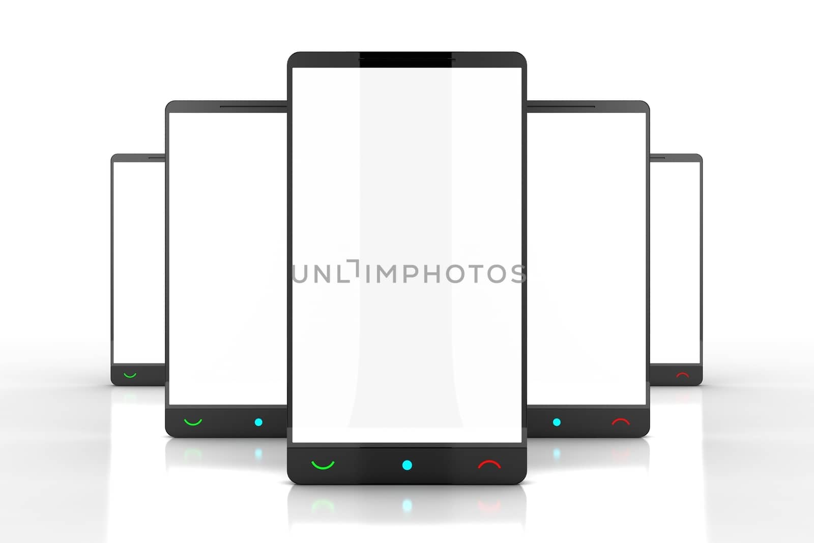 Five Smart Phones with Empty White Screens. Great 3D Render Illustration for Telecommunication Related Artworks. 