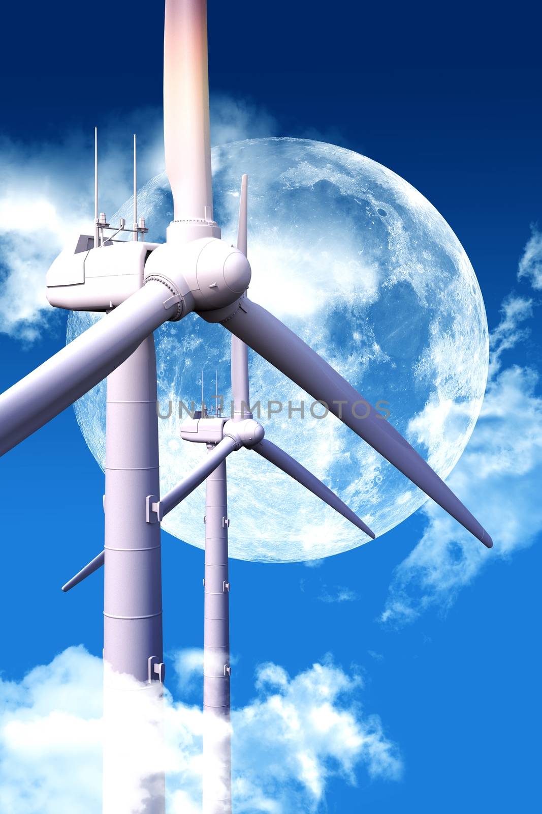 Wind Energy at Night. Cool Night Sky with Huge Moon and Two Modern Wind Turbines Between Clouds.
