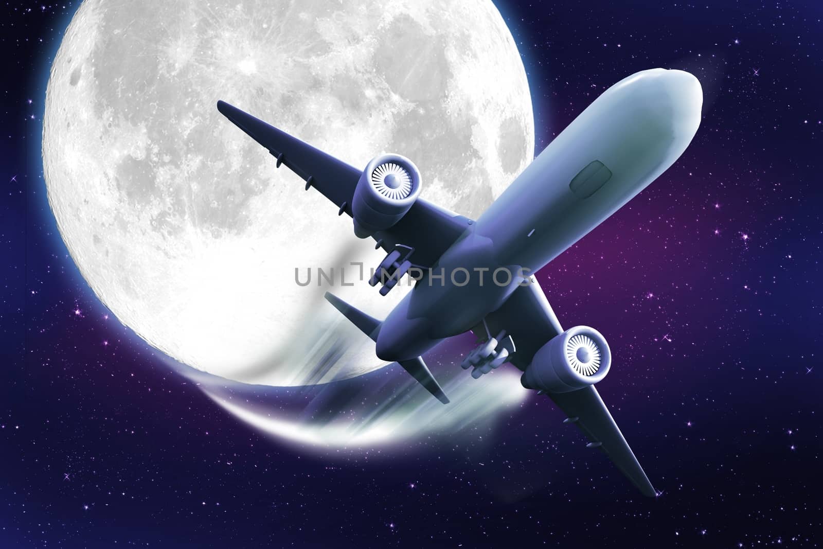 The Flight. Large Airliner and Huge Moon in Background. Cool Abstract Flying Theme. Colorful Sky with Stars.