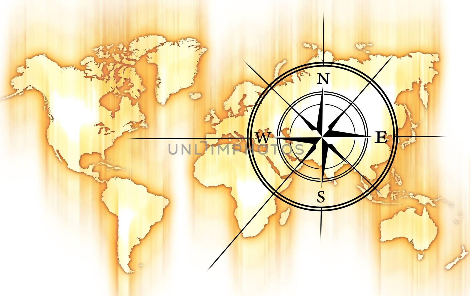World and Compass Rose. Yellow-Orange Motion Blurred World Map and Black Compass Rose.