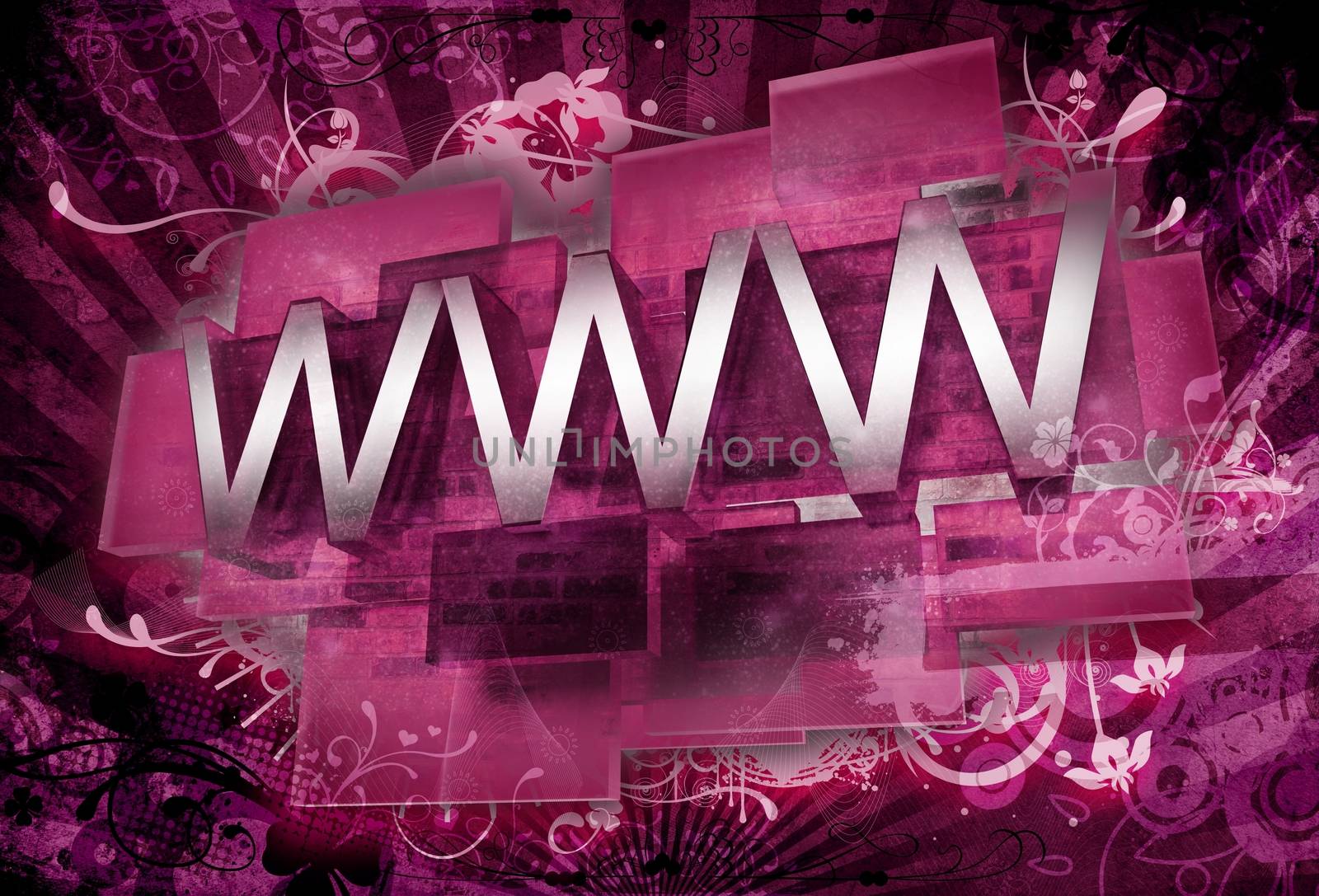 3D WWW with Many Floral and Grungy Ornaments. Pinky-VIolet INternet Theme. Cool Grungy Background.