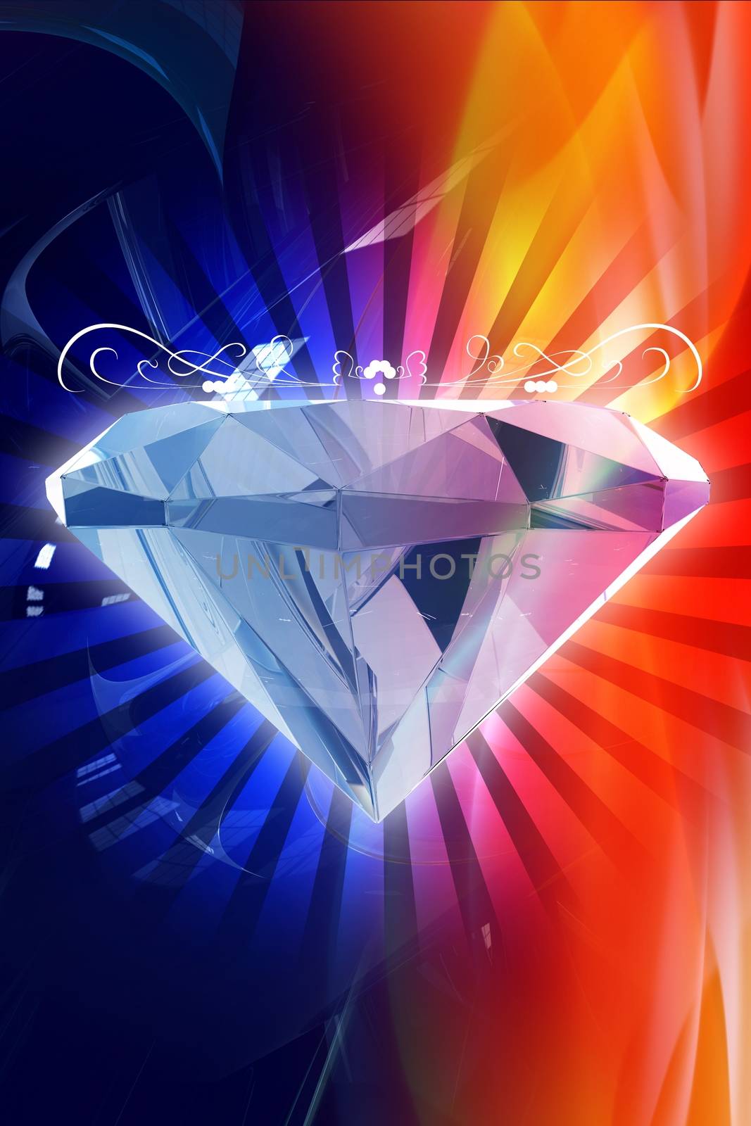 Colorful Diamond Background with Top and Bottom Copy Space. Blue-Red Flames Background and 3D Rendered Diamond in the Center. Vertical Design.