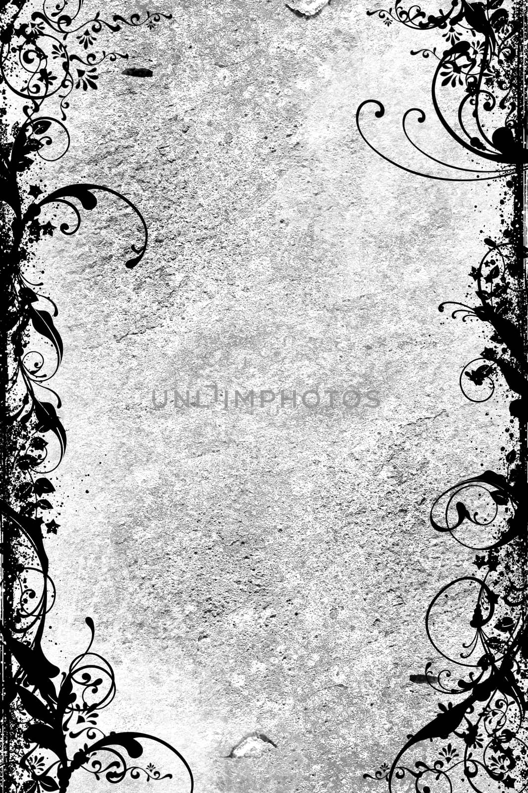 Grungy Wall Background. Grungy Gray Wall with Black Floral Ornaments. Vertical Background.