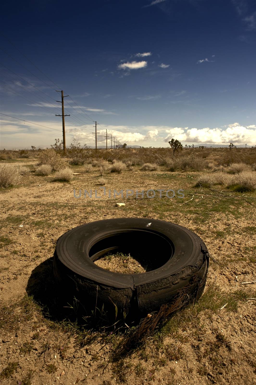 Broken Tire - California Outback. East from Los Angeles Deserts. Vertical Photo
