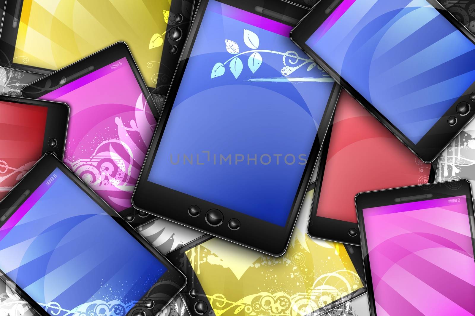 Mobile World. Colorful PDA Phones with Floral Ornaments. Modern Technology Theme.