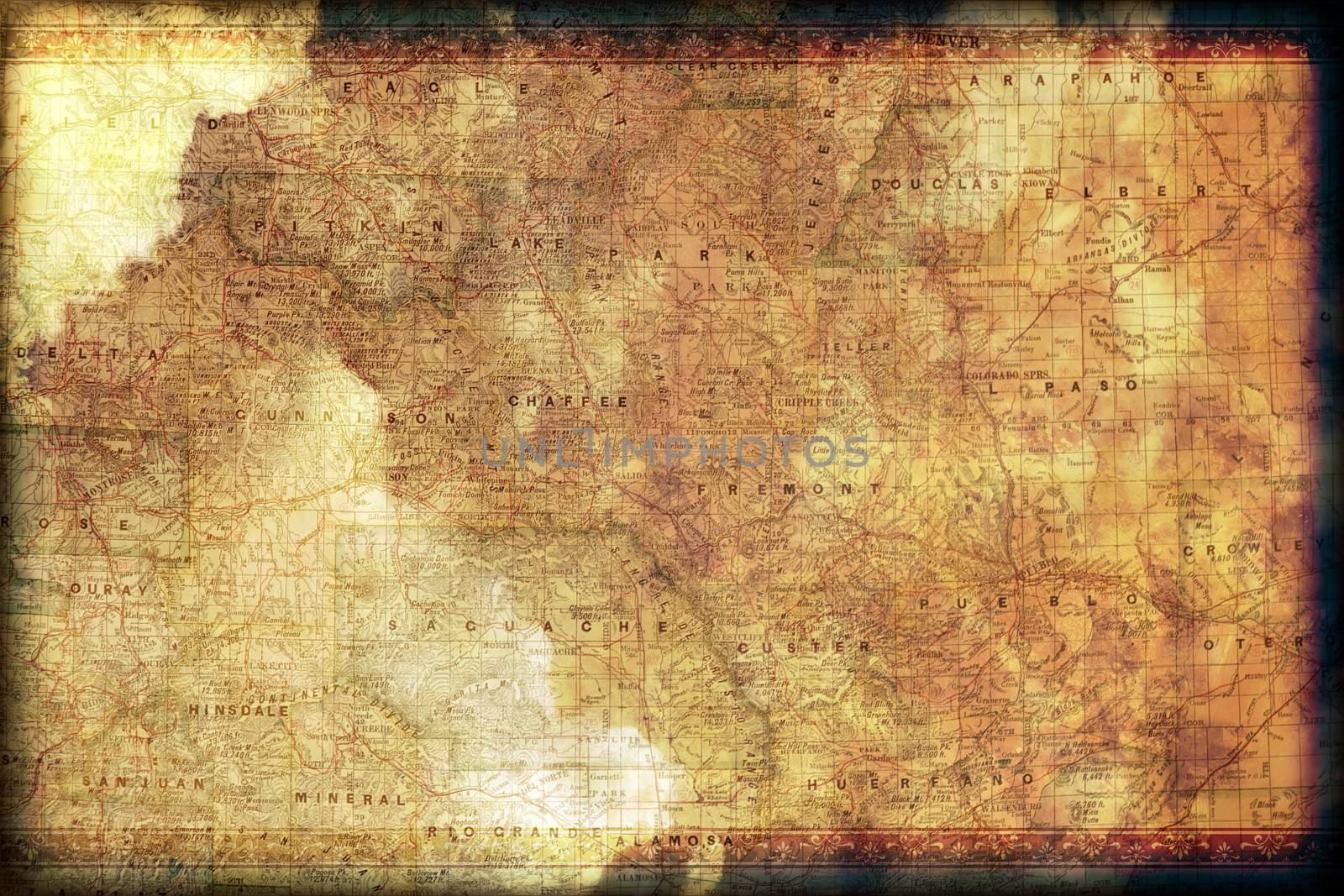 Vintage Colorado Map Background with Floral Frame. Grunge Old Map Background.