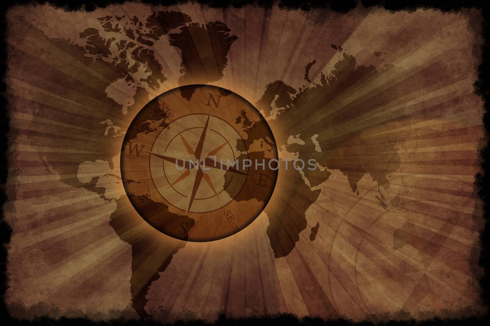 Retro World Map - Vintage World Map with Compass Rose. Grunge Browny Background ( Old Paper Style ) Black Grunge Edges.