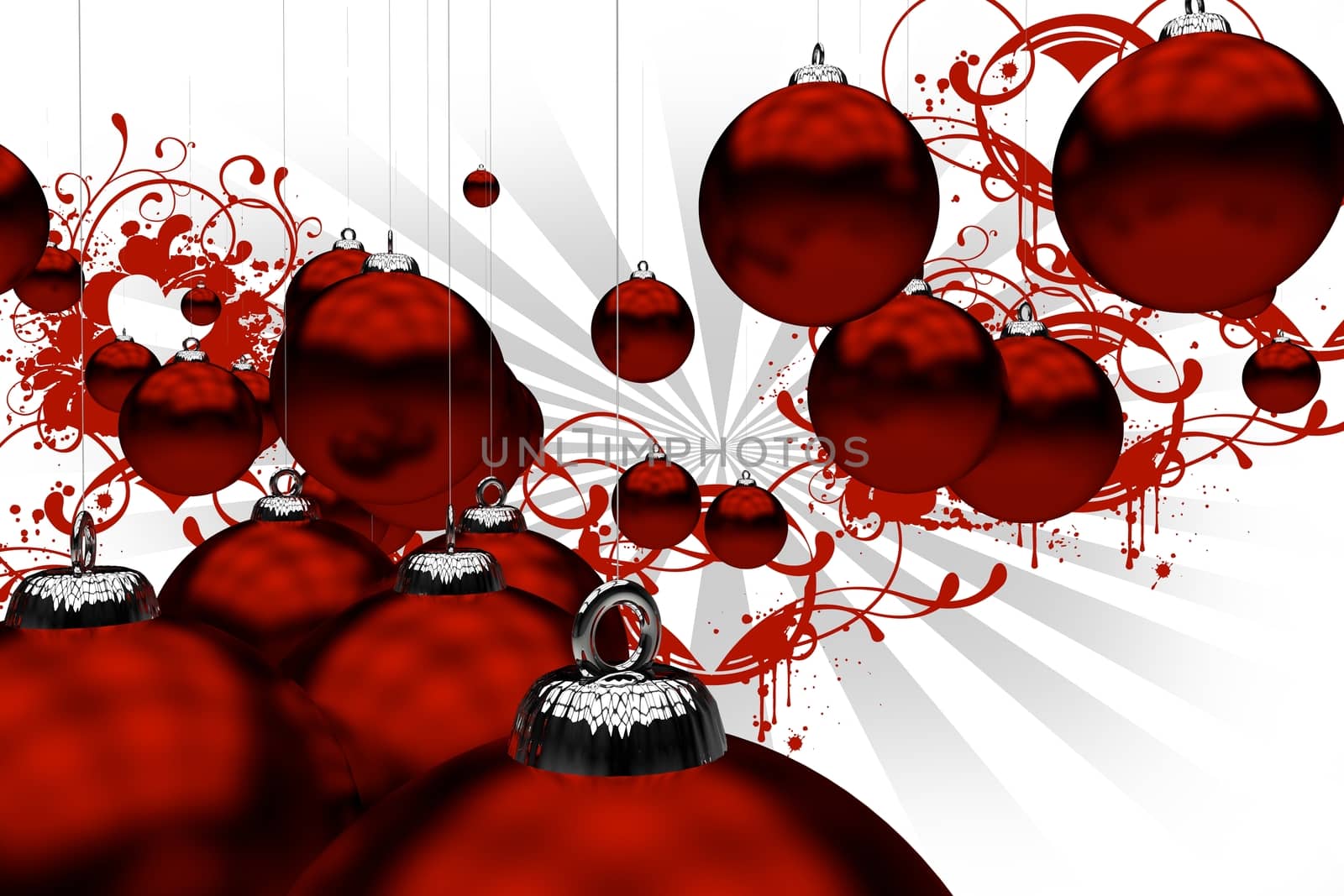 Red Christmas Ornaments with Red Floral Ornaments on White Background with GRay Rays. Holiday Theme. 3D Rendered Christmas Ornaments.