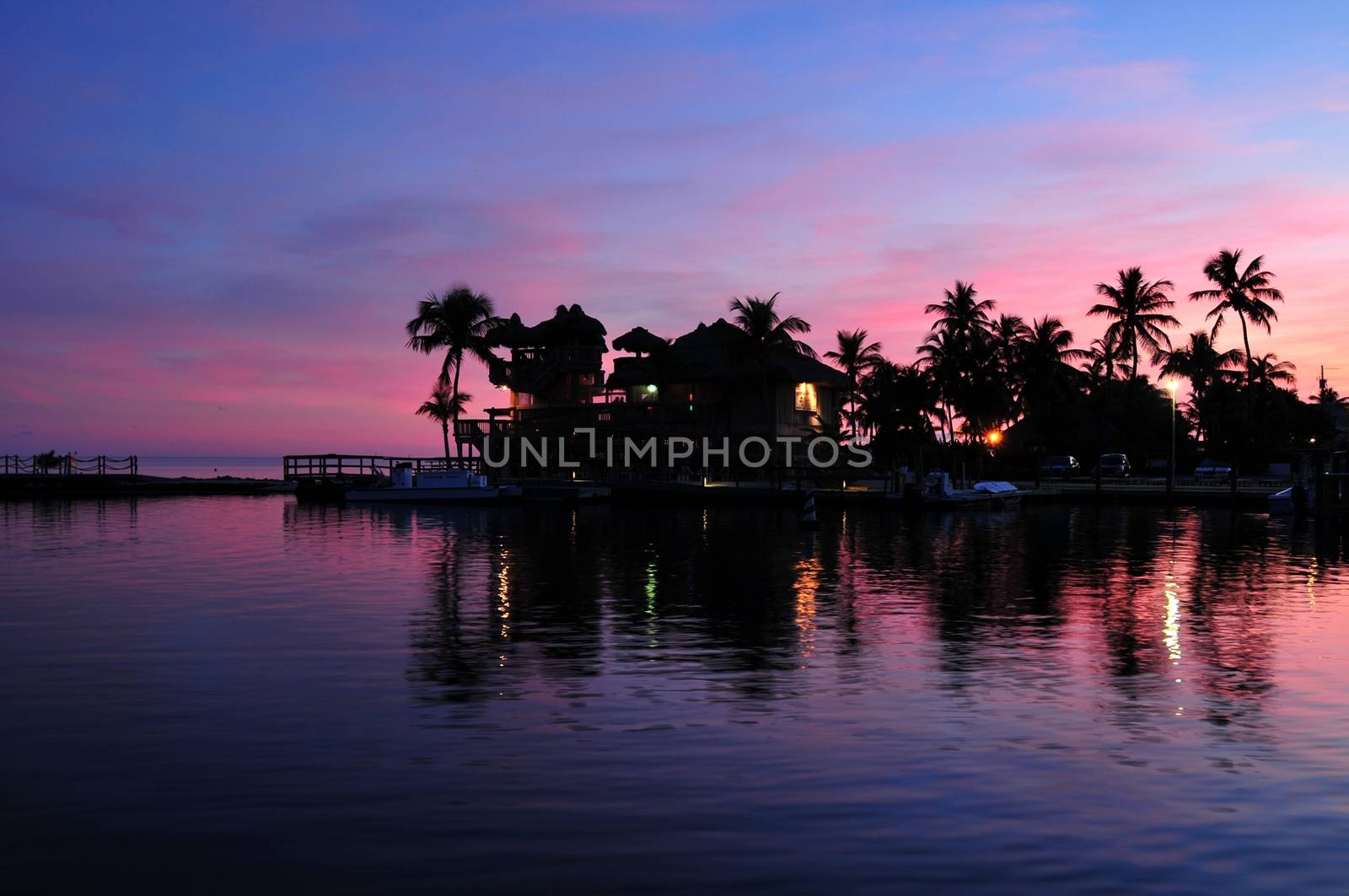 Islamorada Florida. Florida Keys Sunset with Ocean Front and Palm Trees. Islamorada USA