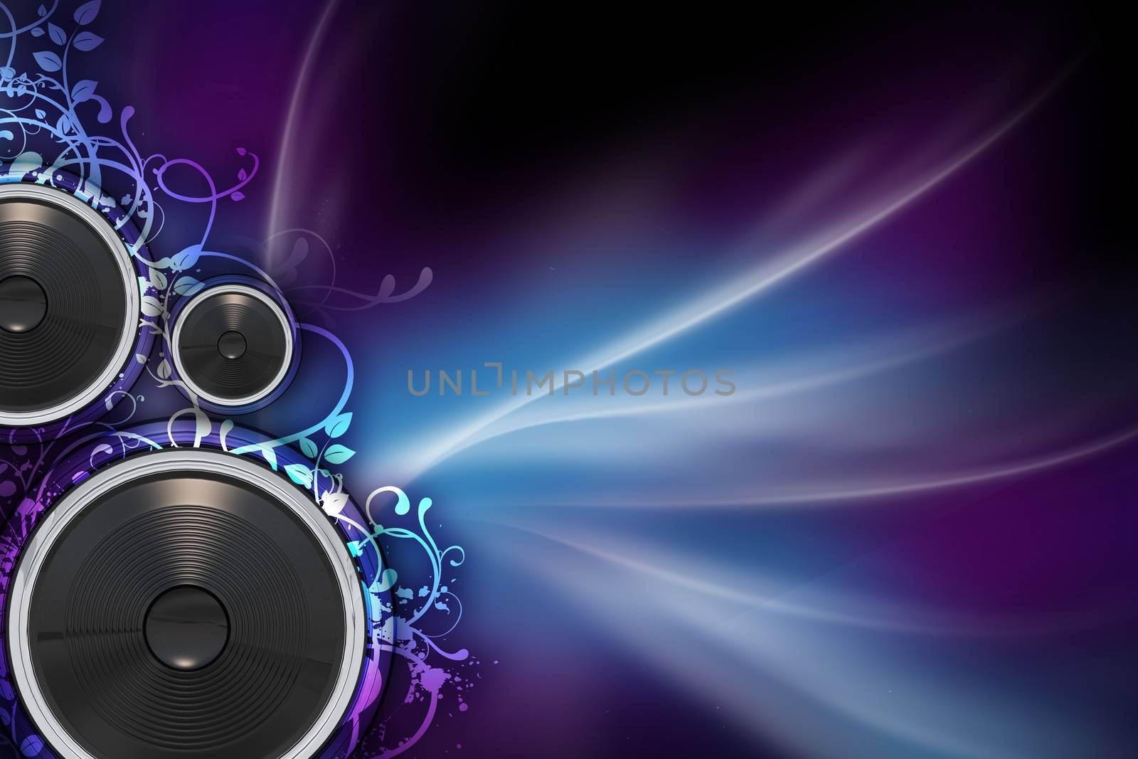 Mysterious Music - Music Background with Colorful Violet and Blue Rays, Floral Ornaments and Bass Speakers. Great Copy Space.