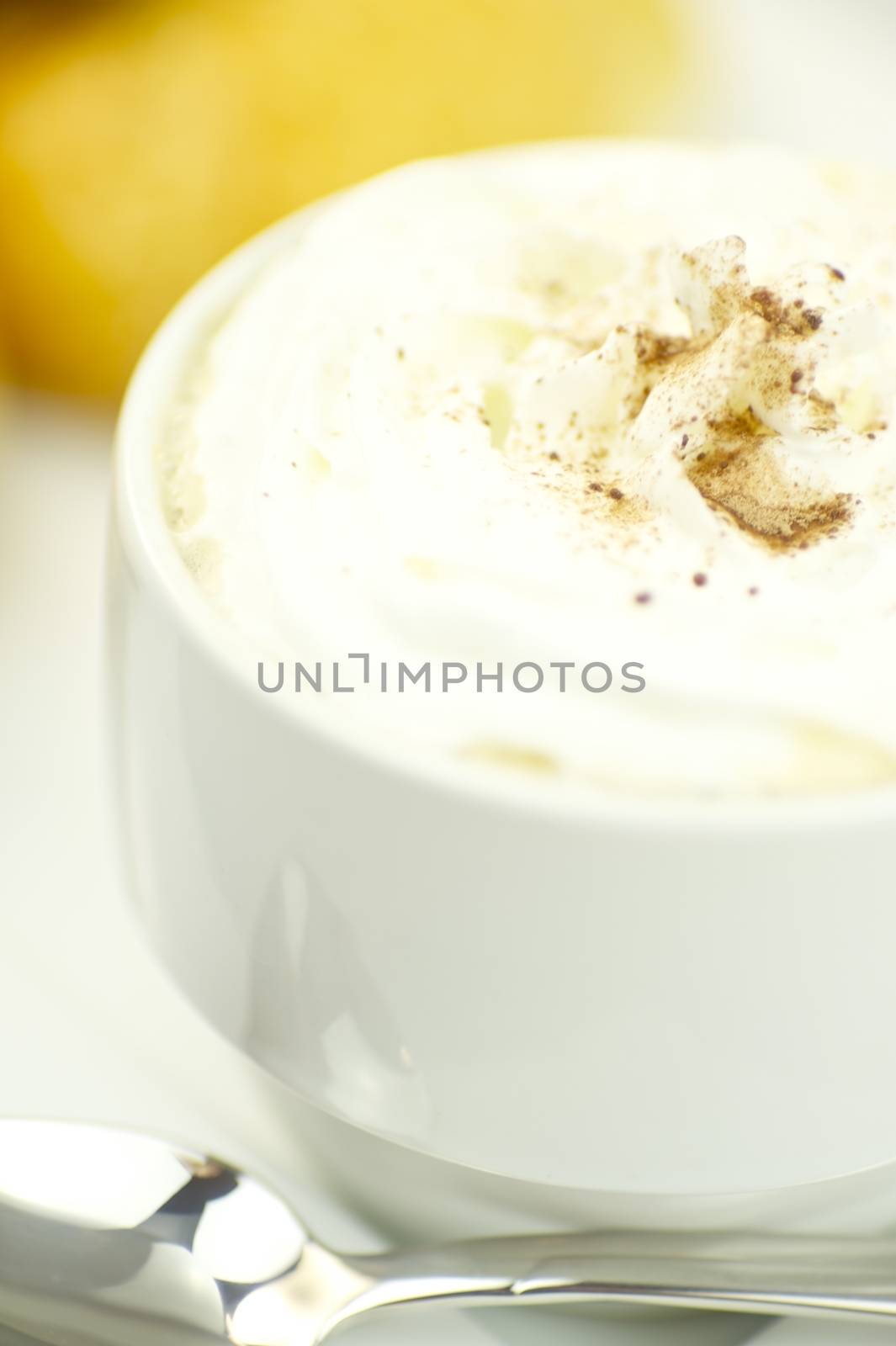 Whipped Cream Coffee. White Elegant Coffe Cup. Cafe Table