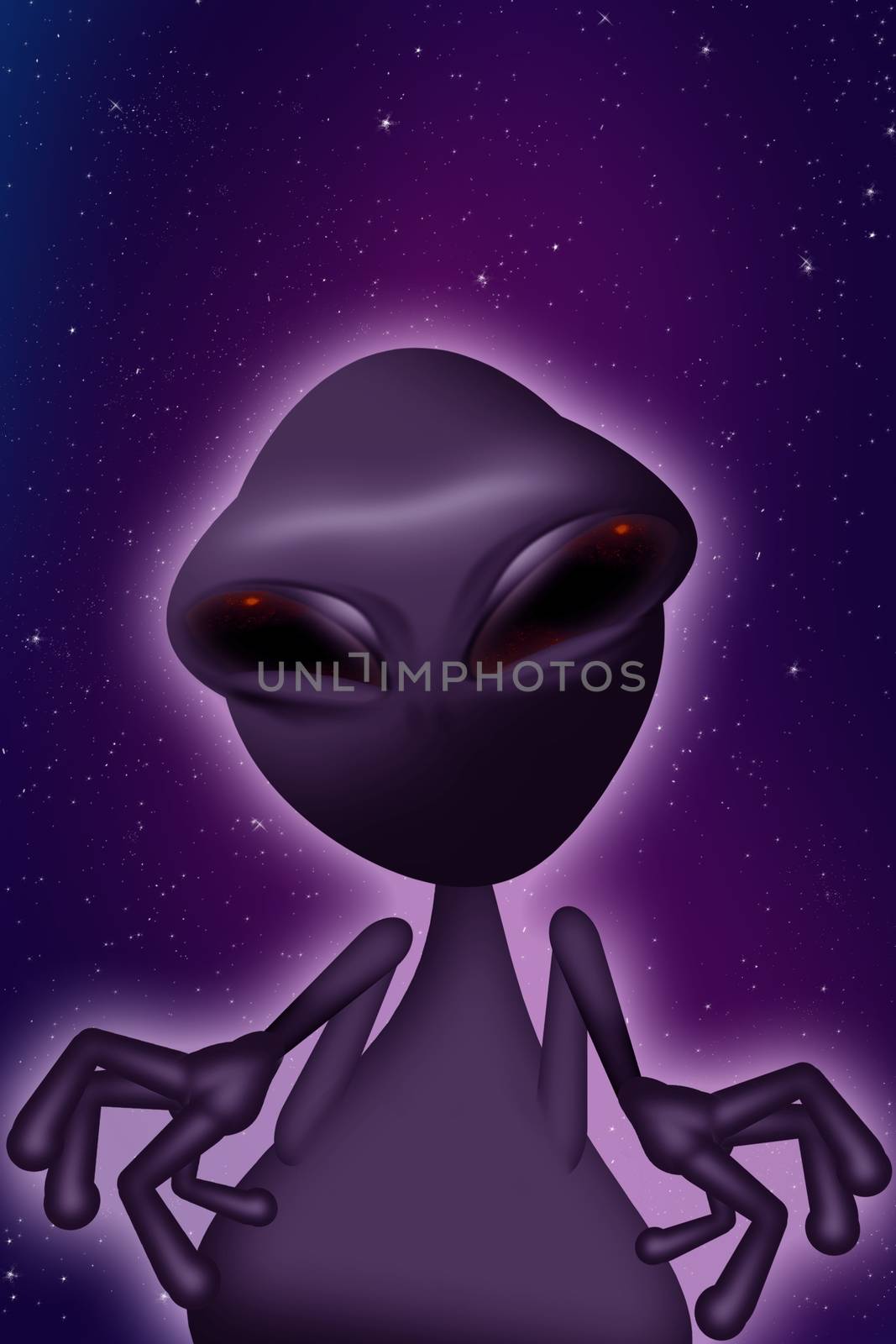 Purple Alien - Purple Night Sky Background. Vertical Illustration. Funny Big Eyes Alien Illustration.