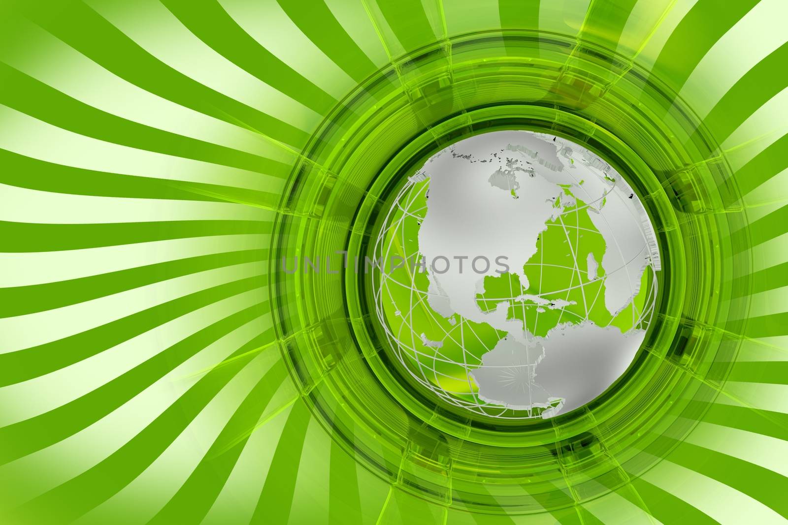 Global News Green Background. Twisted White Rays, Green Background and Silver-Metallic Globe Model.