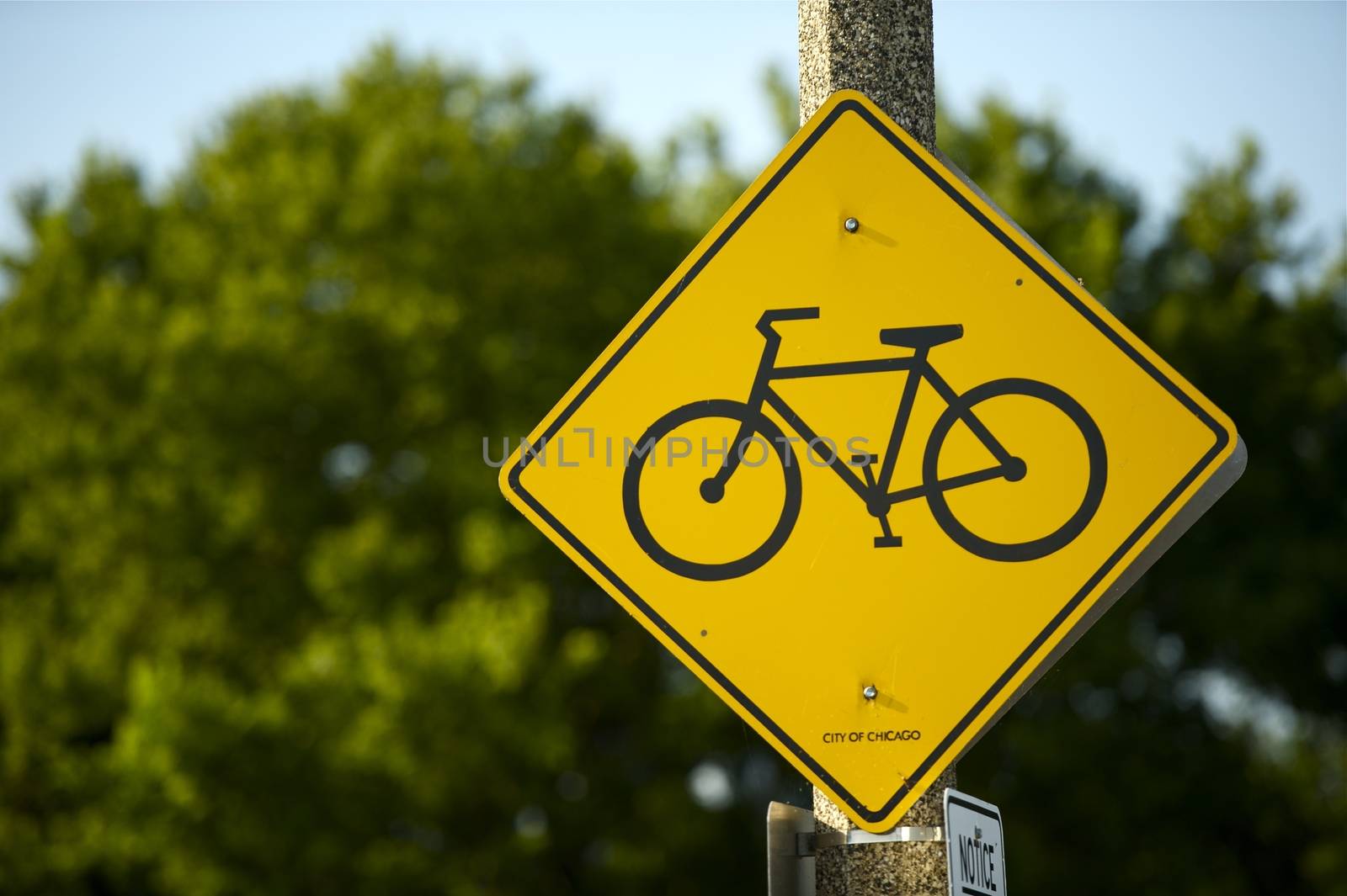 Yellow Bike Route Street Sign - City of Chicago. Horizontal Photo. 