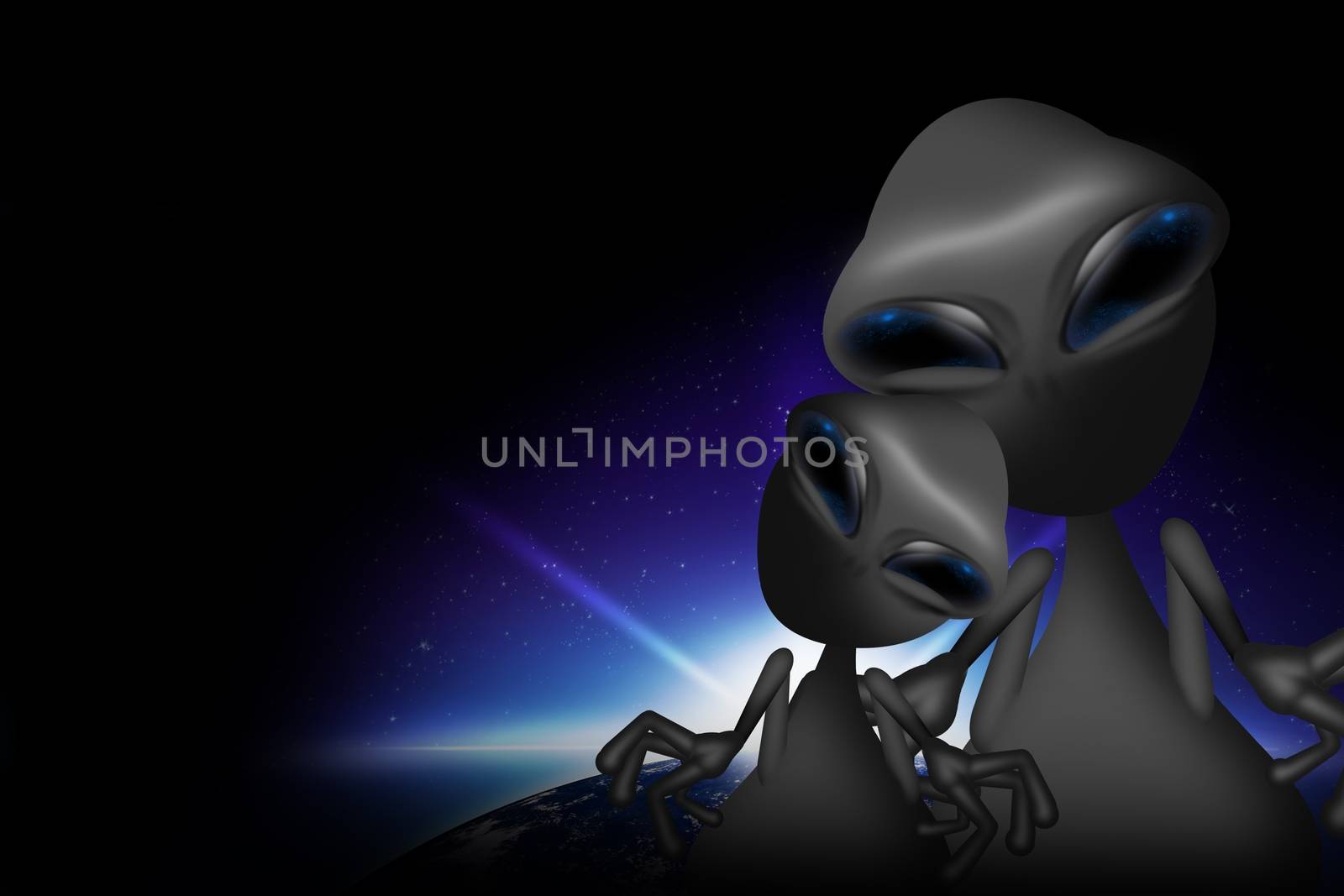 Two Gray Funny Aliens. Adult Alien with Teenage Alien. Dark Background with Earth Sunrise. Aliens Illustration.