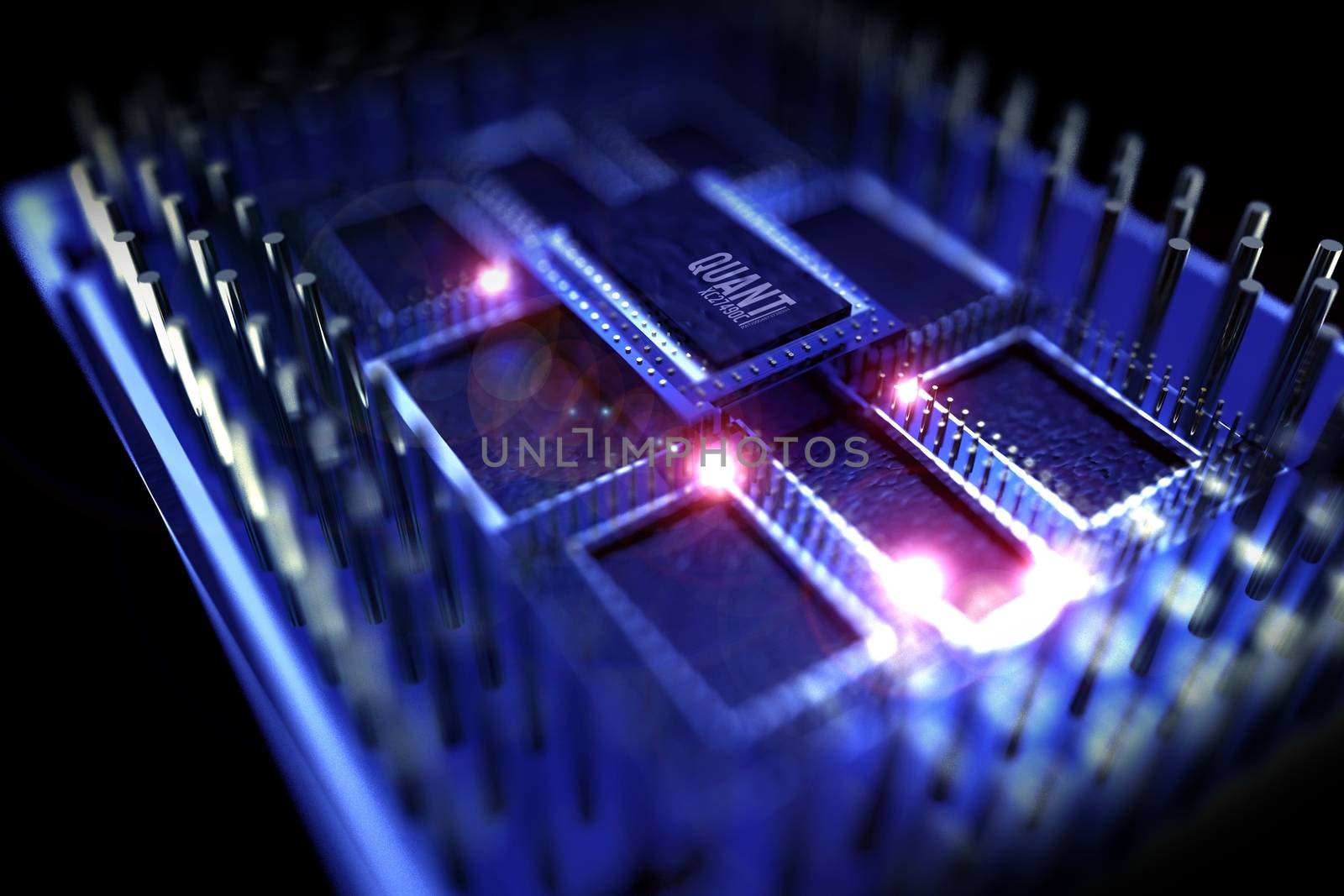 Quantum Processor Illustration. Quantum Computing Theme. 3D Rendered Model of the Processor. Superconducting Chip. Technology Illustrations Collection