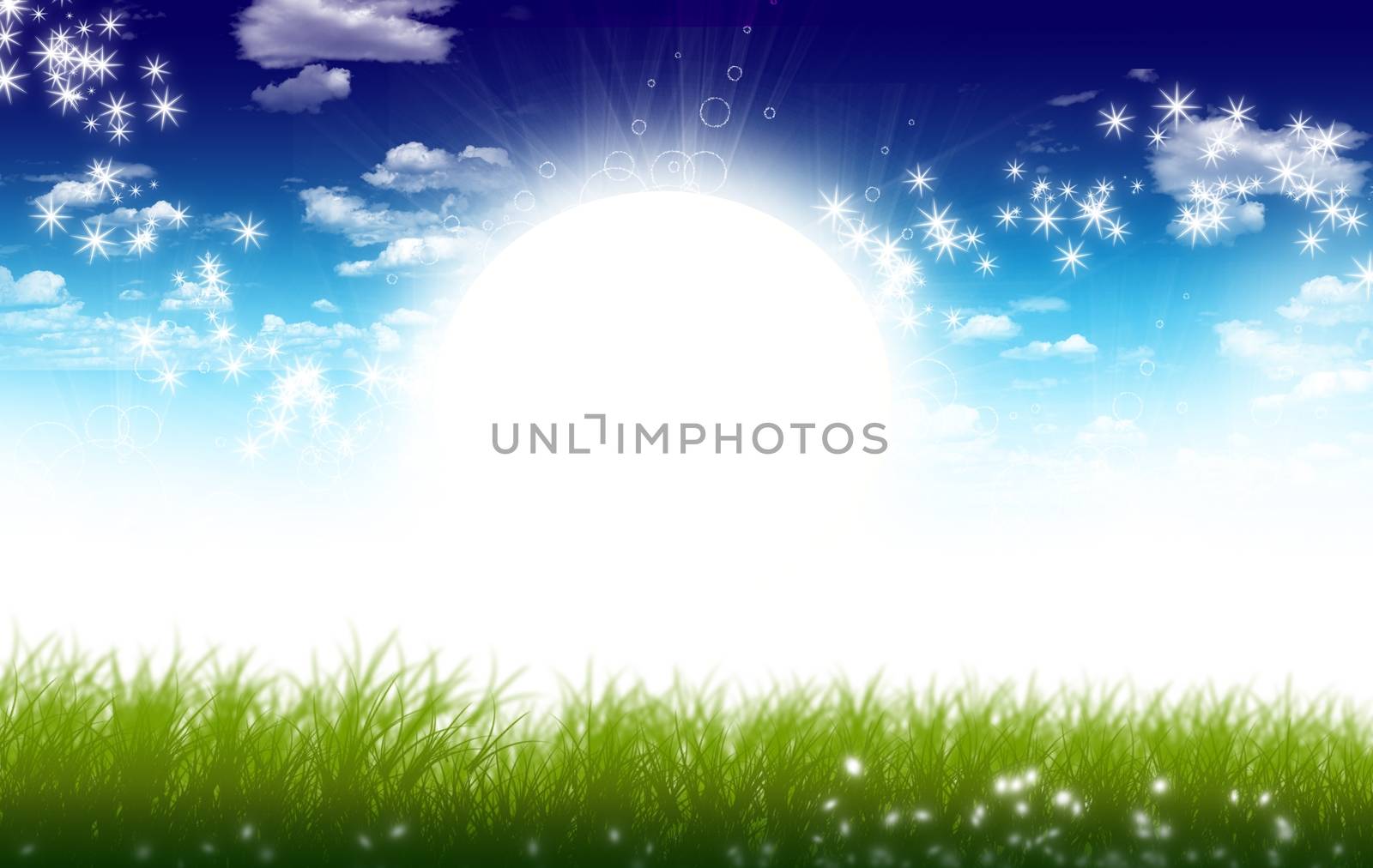 Sunny Meadow Illustration. Bright Sun and Spring Meadow. Clouds and Stars.