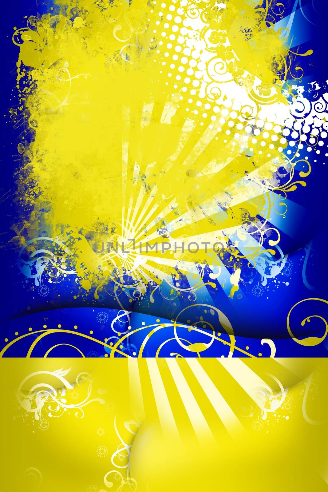 Cool Dark Blue - Yellow-Kiwi Grunge Background (Copy Space) with Grunge Rays and Floral Elements. Vertical Design